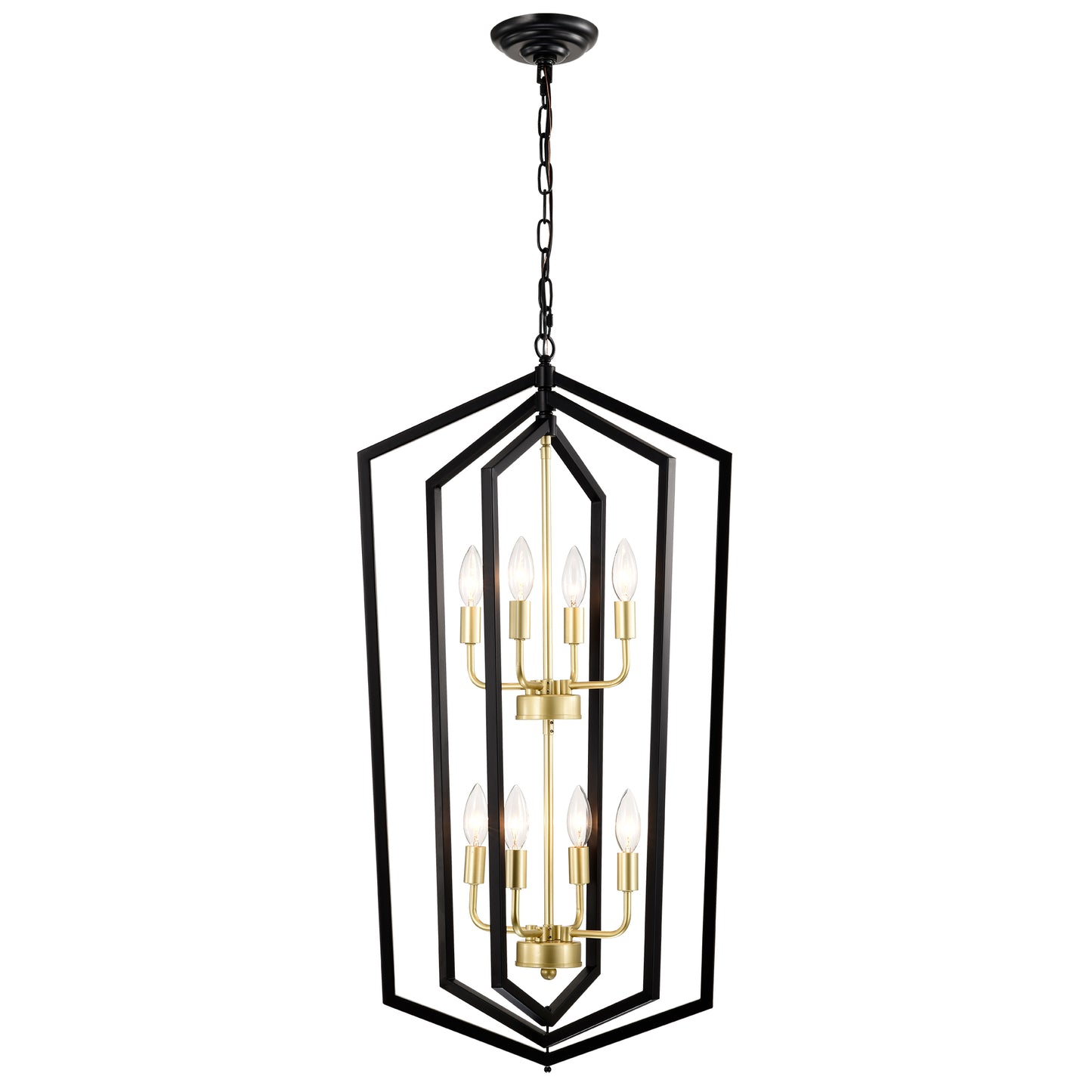 Black metal and brass lantern chandelier with  candelabra bulbs