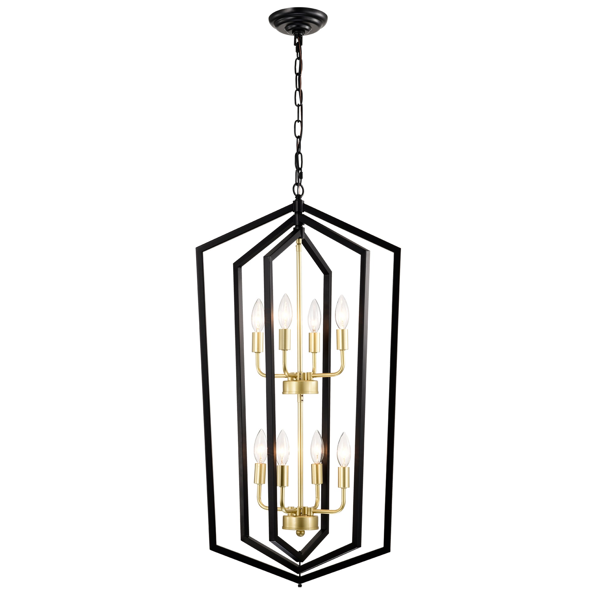 Black metal and brass lantern chandelier with  candelabra bulbs