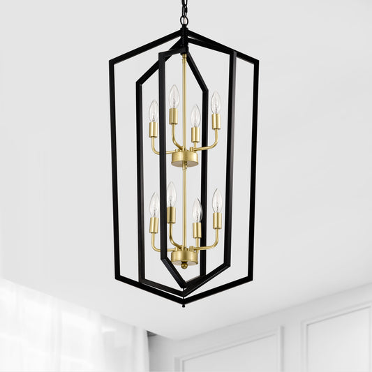Black and brass geometric cage chandelier with  lights