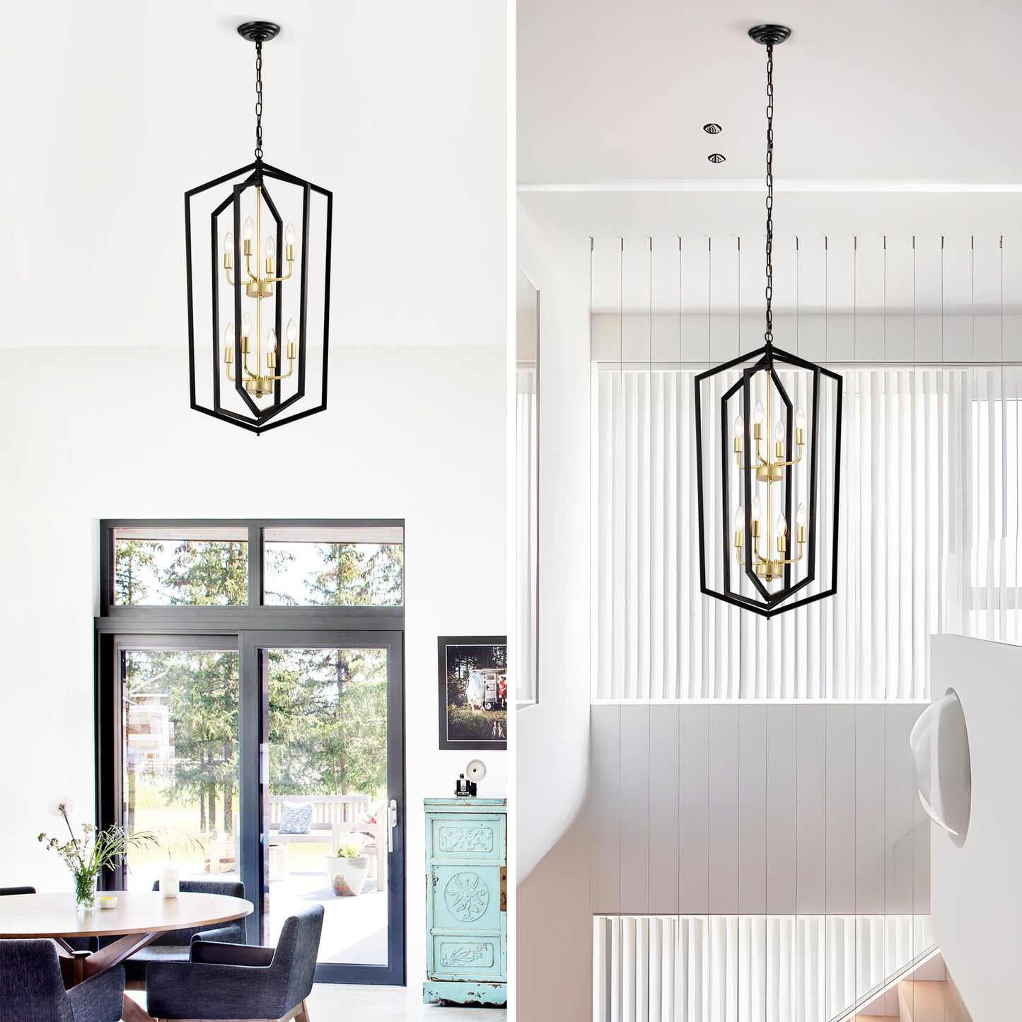 Black geometric chandelier with brass accents light fixture