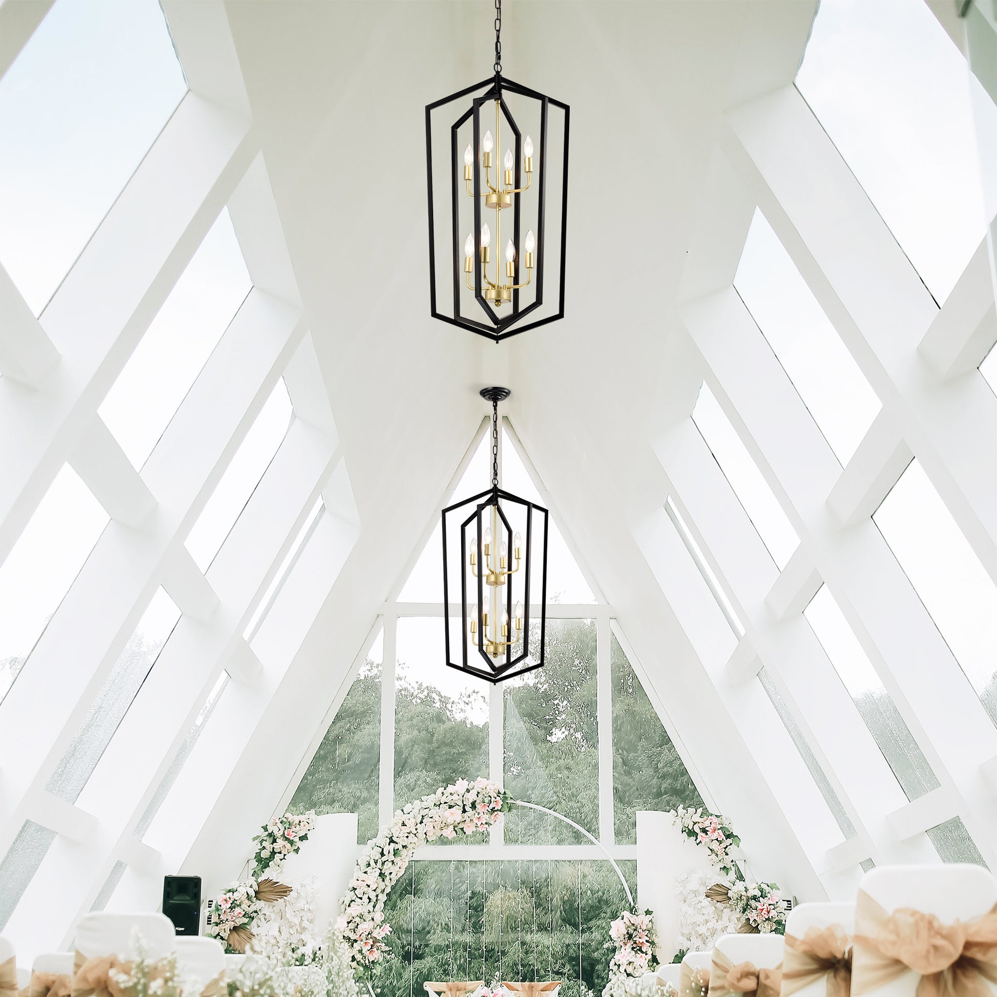 Black and brass geometric lantern chandelier with eight candelabra bulbs