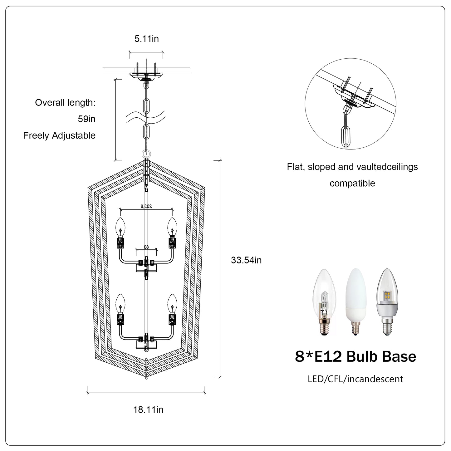 Line drawing of a hexagonal pendant light fixture with dimensions and bulb types