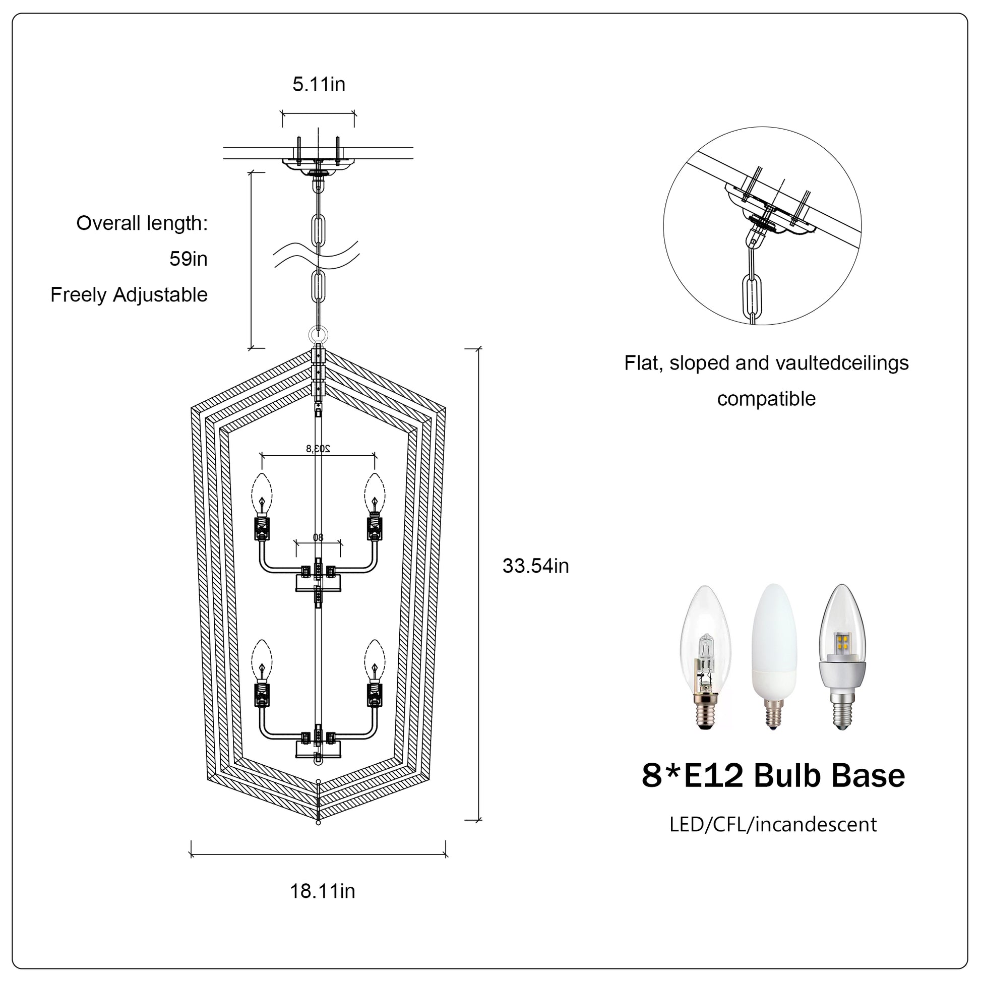 Line drawing of a hexagonal pendant light fixture with dimensions and bulb types