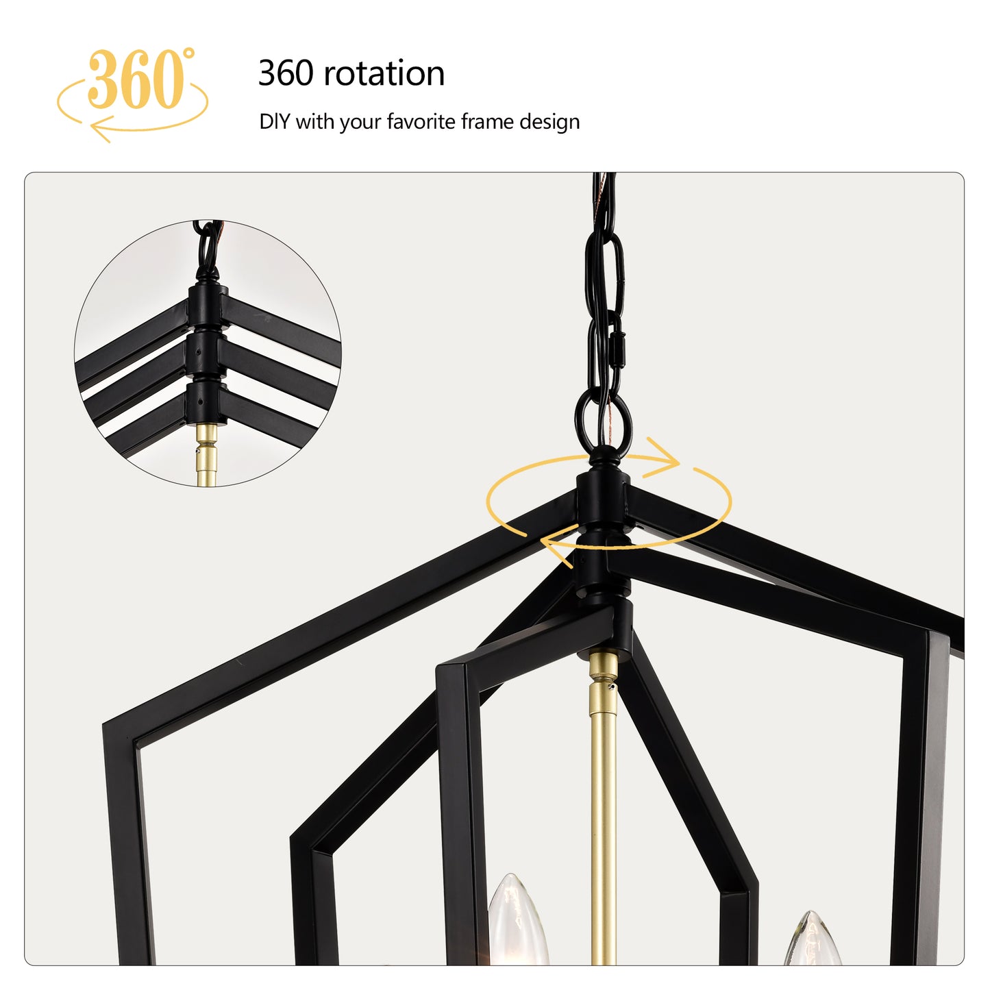 Closeup of black geometric metal frame pendant light with brass accents and chain