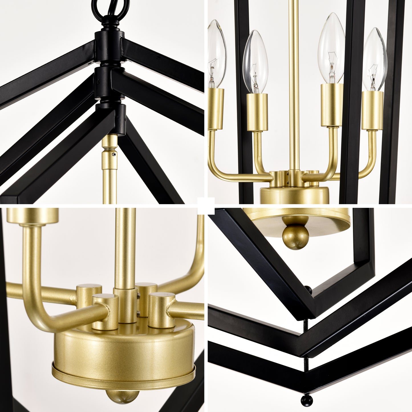 Black metal lantern pendant light with antique brass accents and candle bulbs
