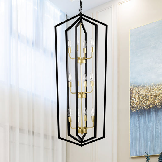 Black and brass modern chandelier with  bulbs ideal for dining rooms