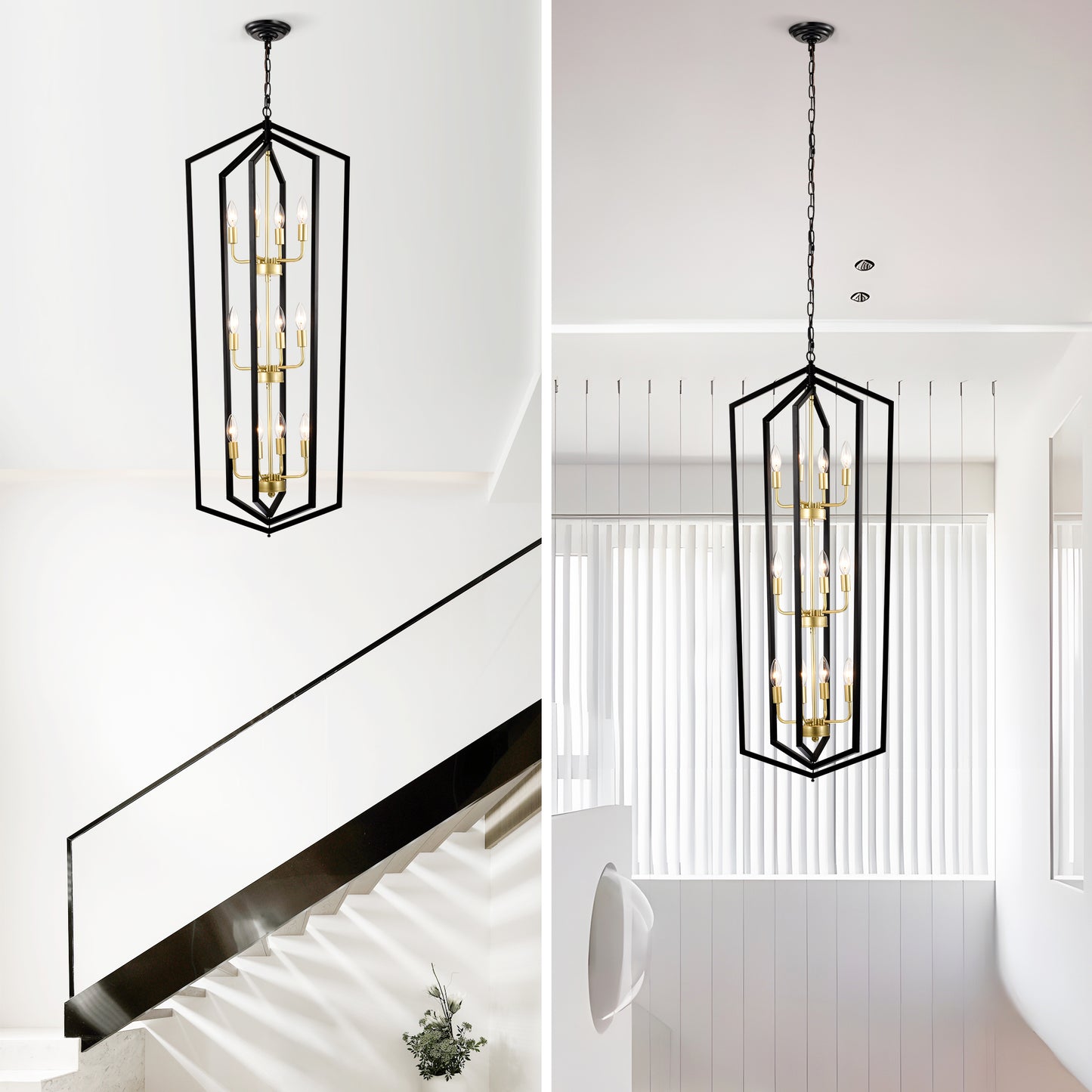 Modern black geometric chandelier with gold accents light fixture for entryway lighting
