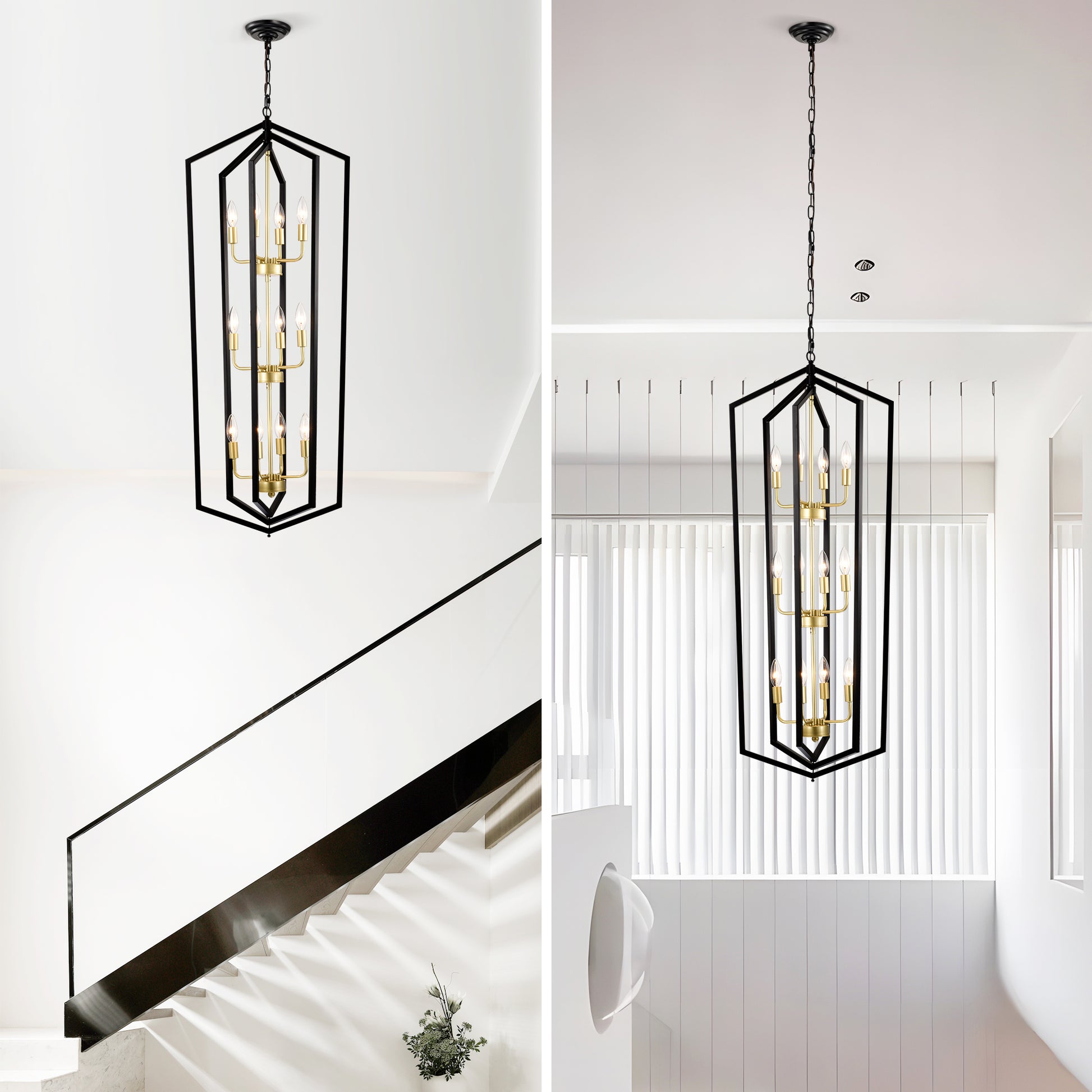 Modern black geometric chandelier with gold accents light fixture for entryway lighting