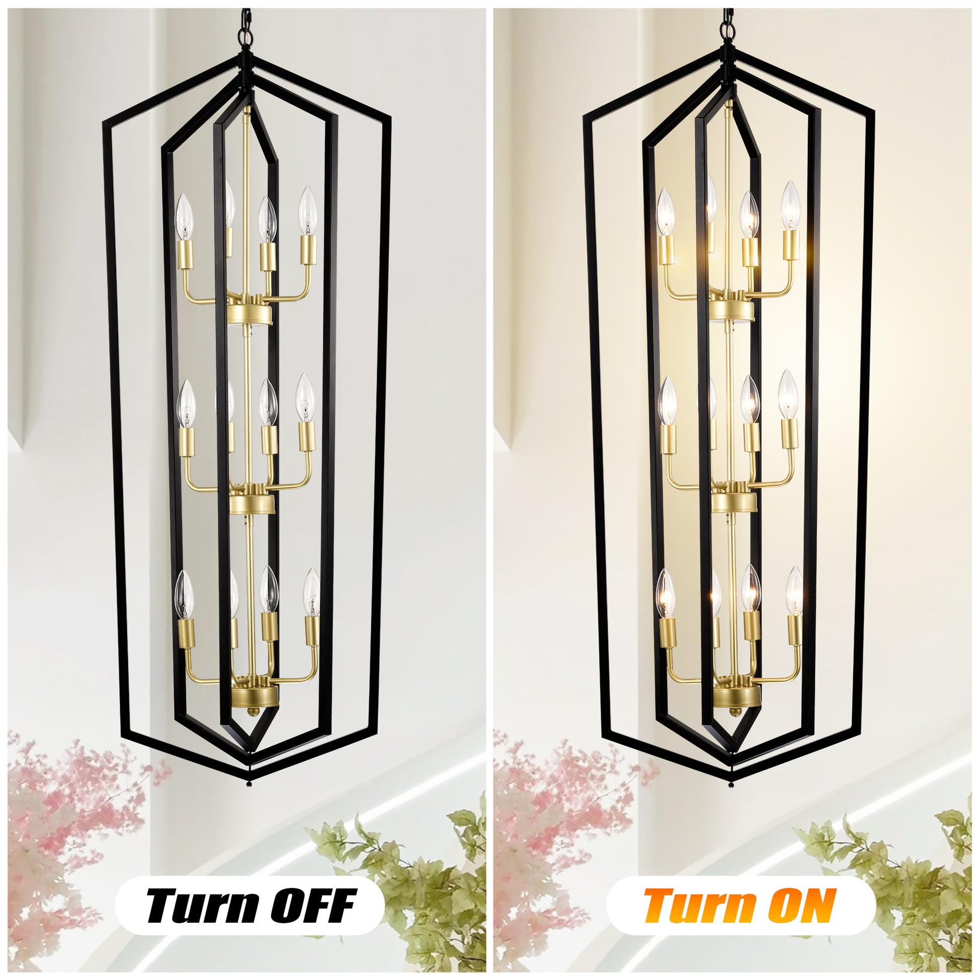 Black and brass geometric chandelier with  clear bulbs illuminated and off
