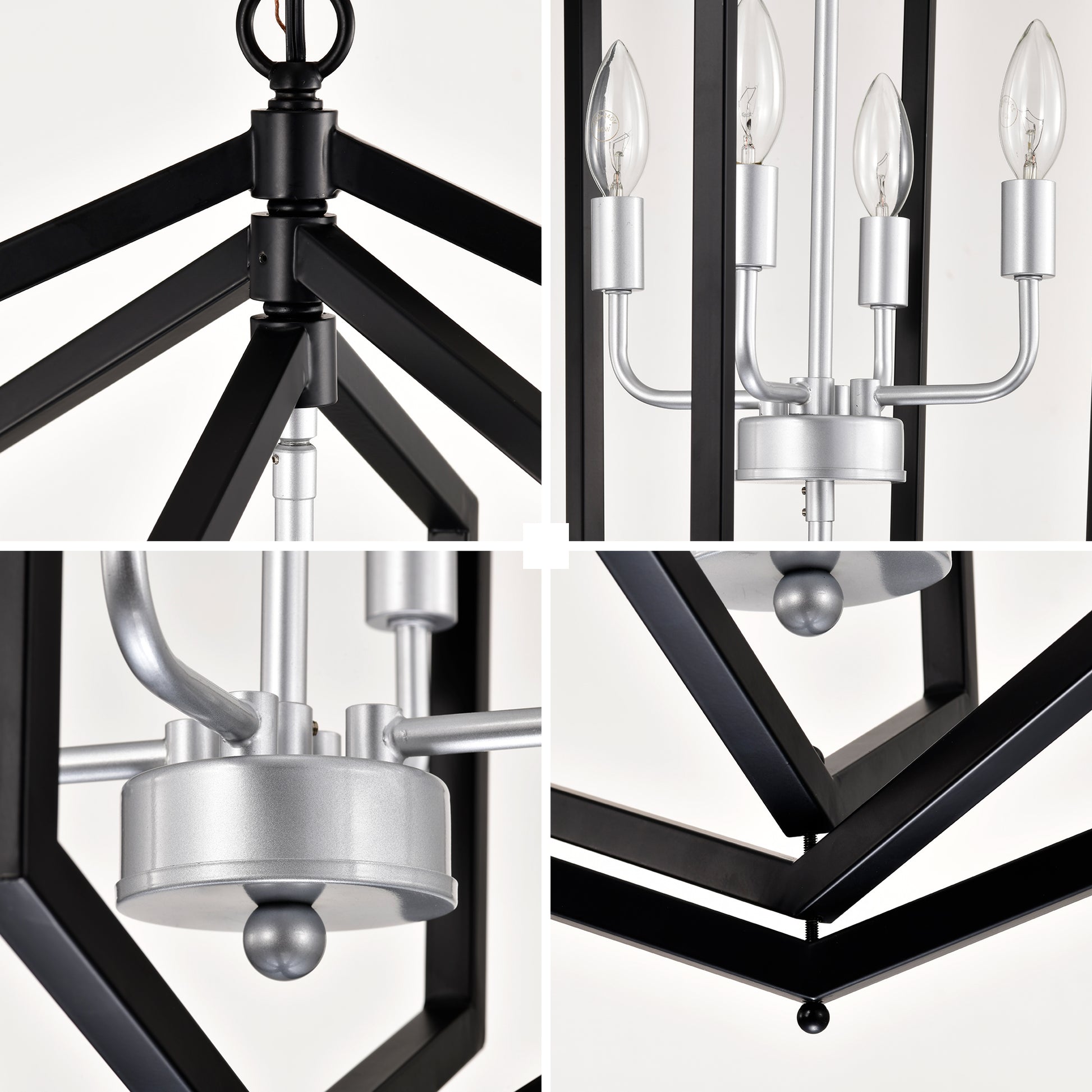 Modern black geometric lantern chandelier with silver accents ideal for dining rooms
