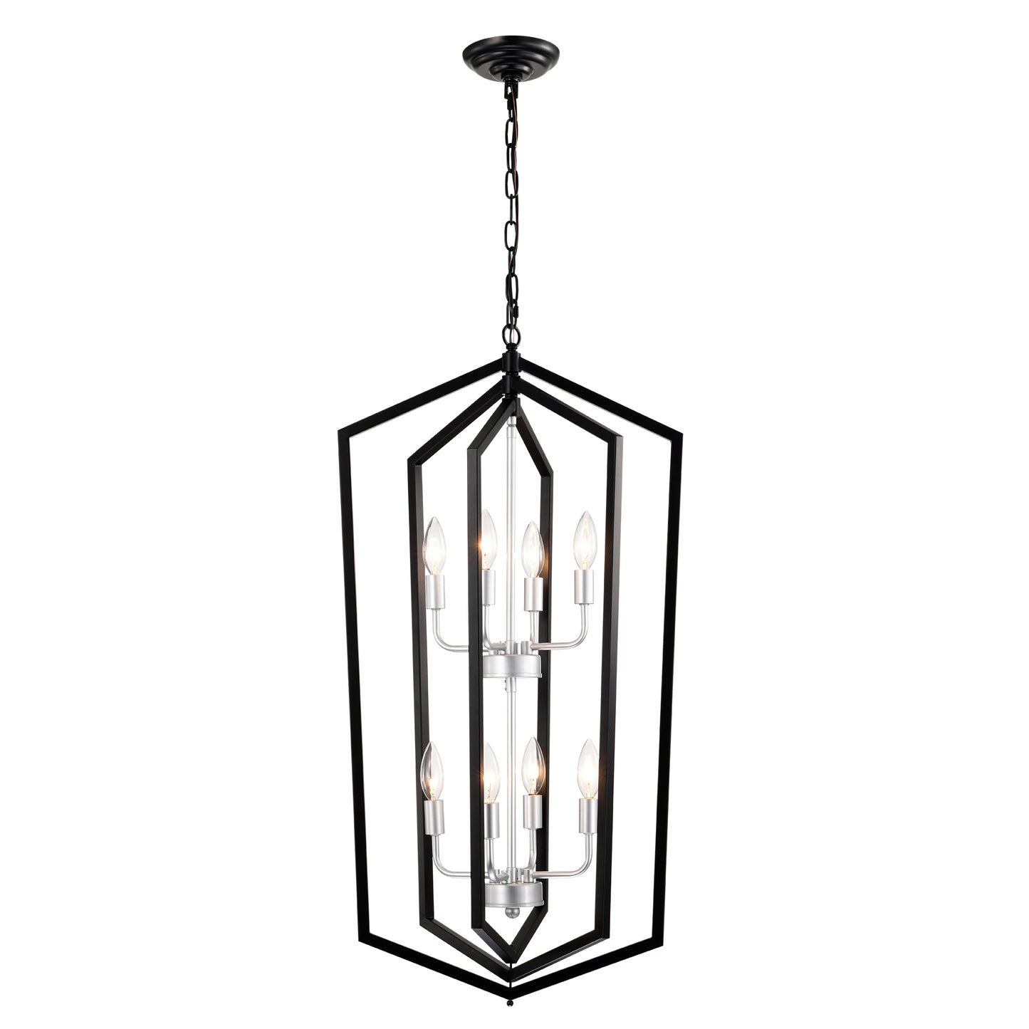Black geometric chandelier with silver accents and eight clear Edison bulbs