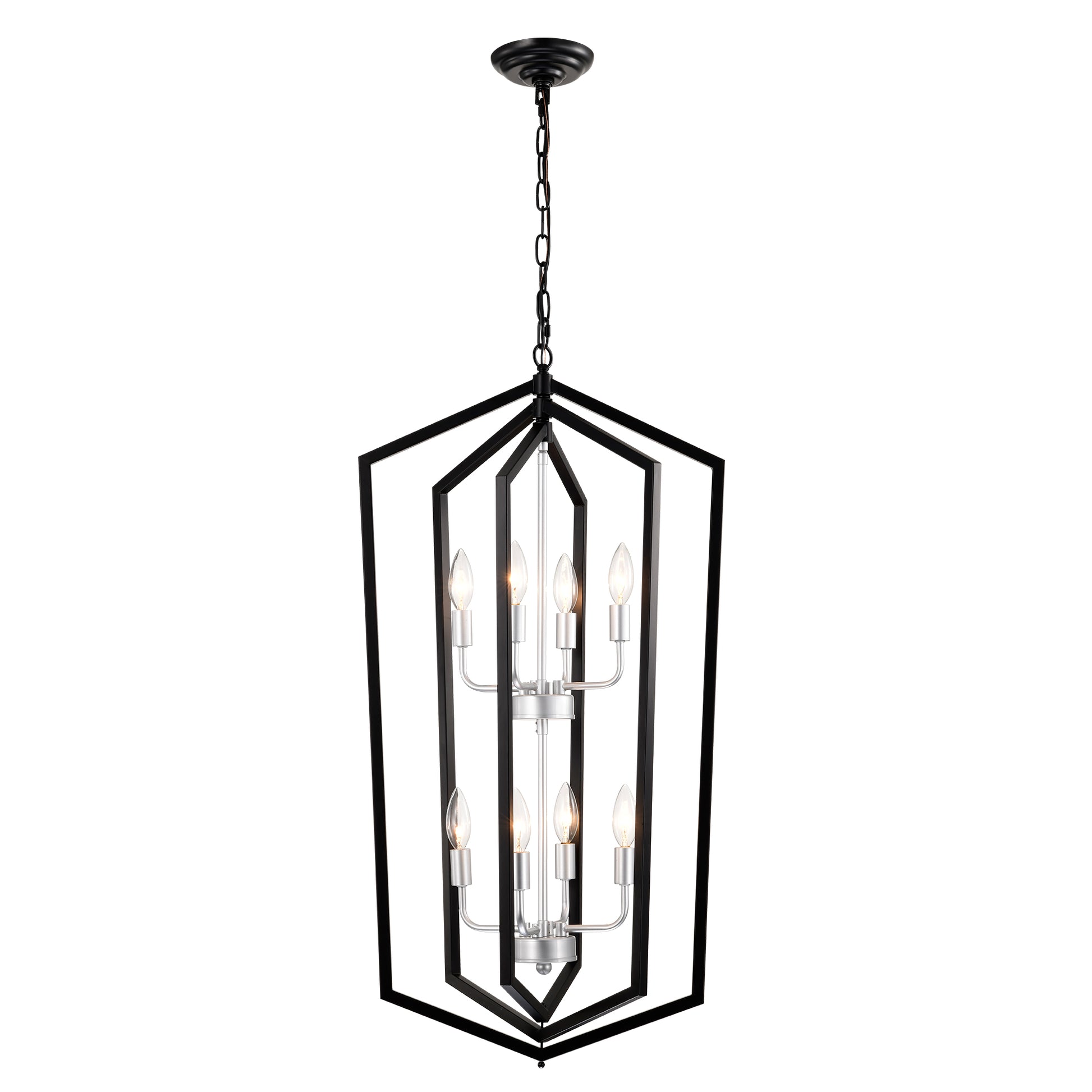 Black geometric chandelier with silver accents and eight clear Edison bulbs