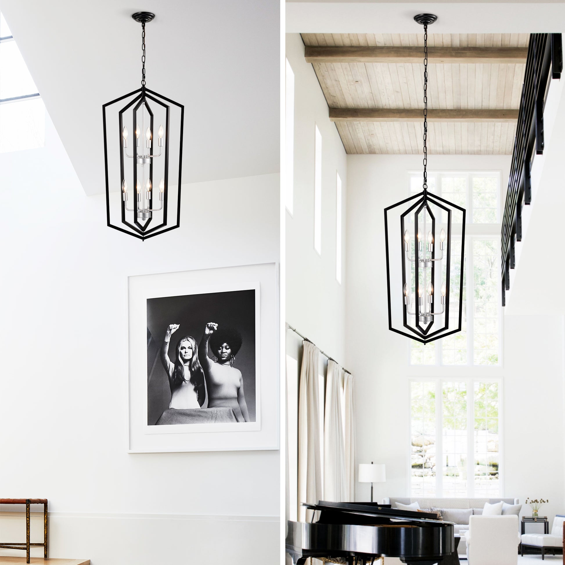 Modern black geometric chandelier with  candelabra bulbs and silver accents