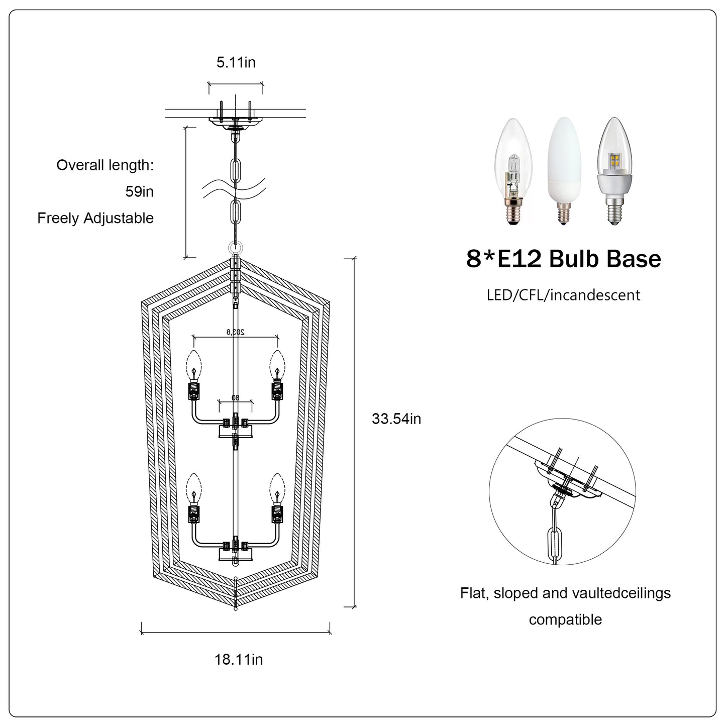Diagram of a modern hexagon chandelier with adjustable chain for ceiling mounting