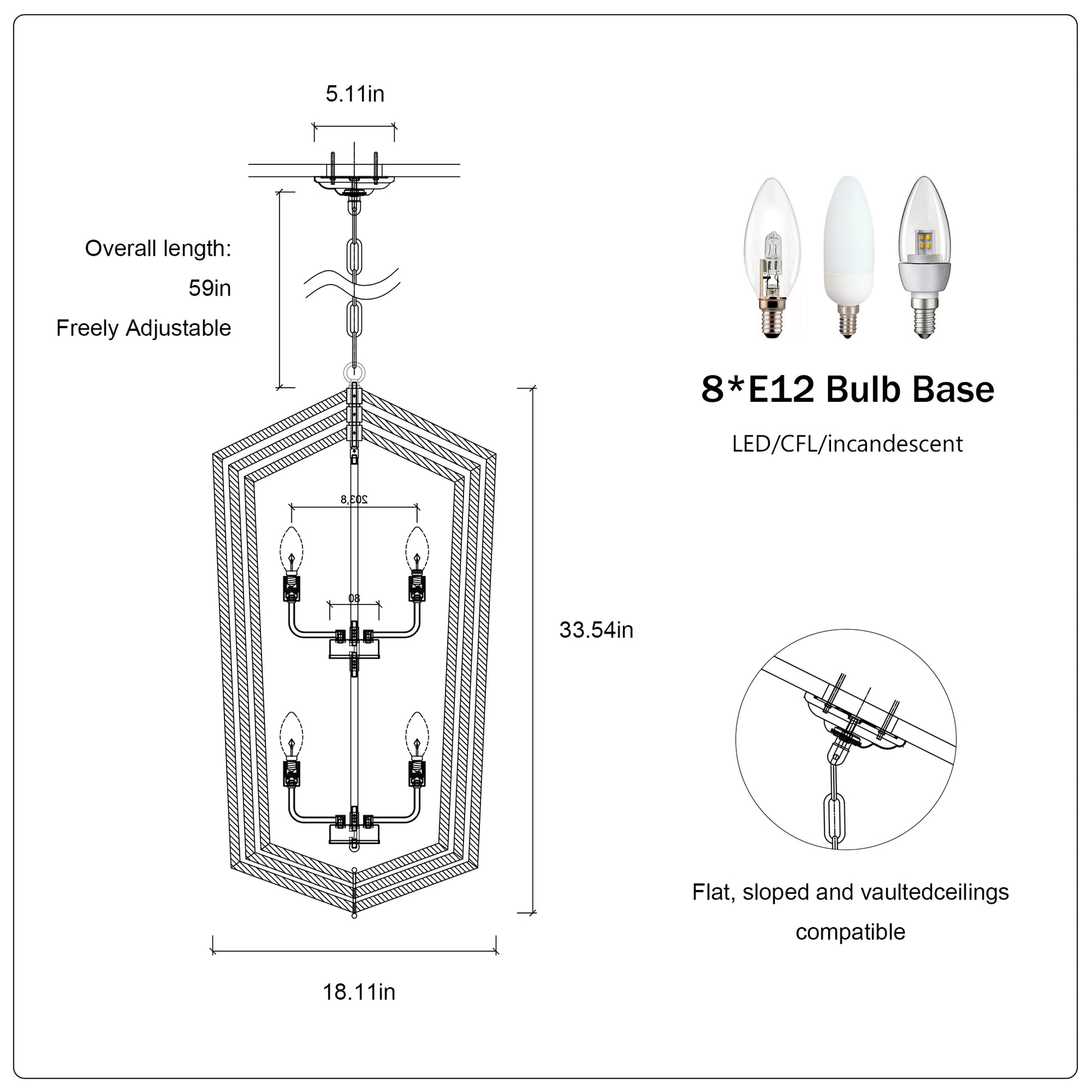 Diagram of a modern hexagon chandelier with adjustable chain for ceiling mounting