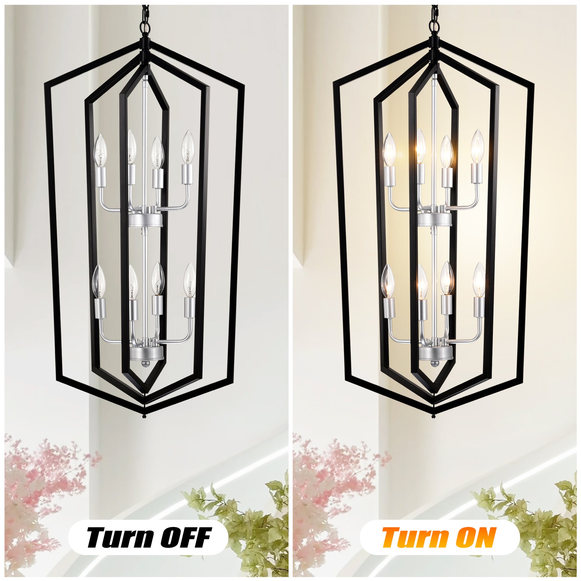 Black metal geometric chandelier with light bulbs modern farmhouse style