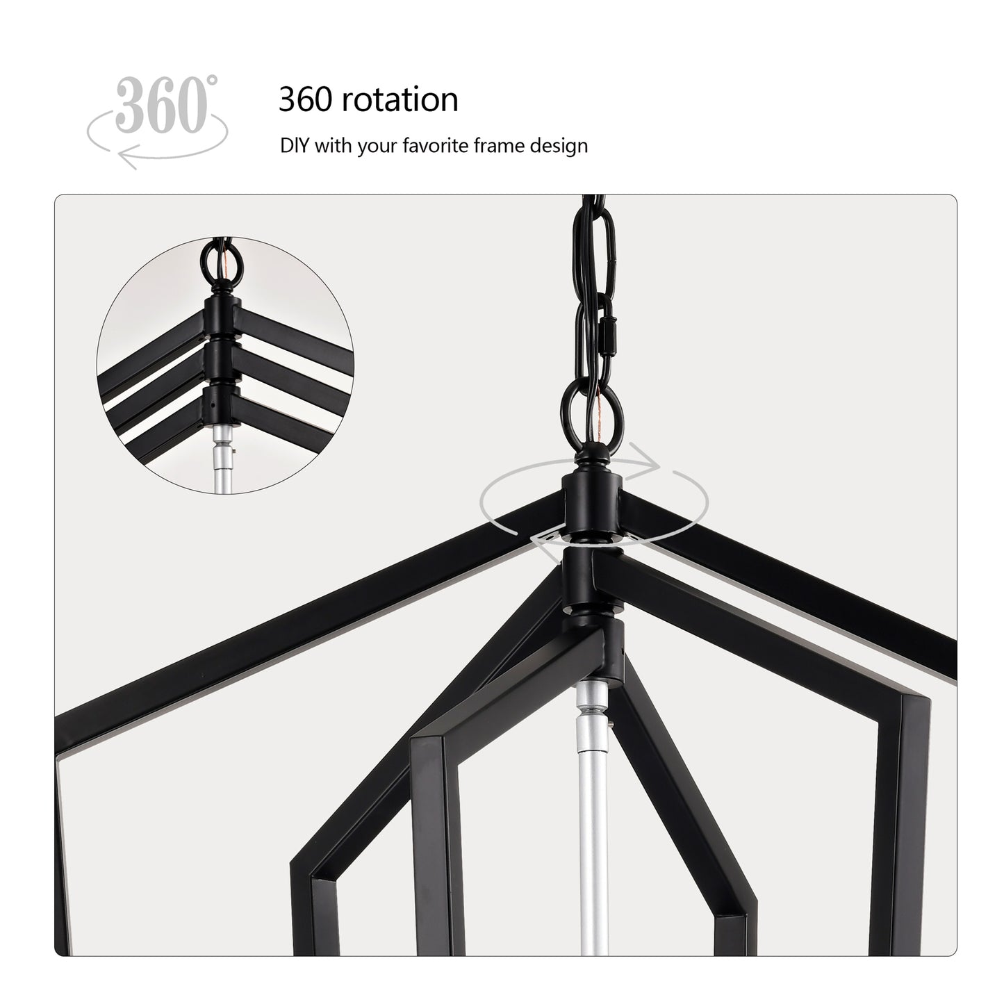 Closeup of a black modern geometric chandelier frame with a metal chain detail