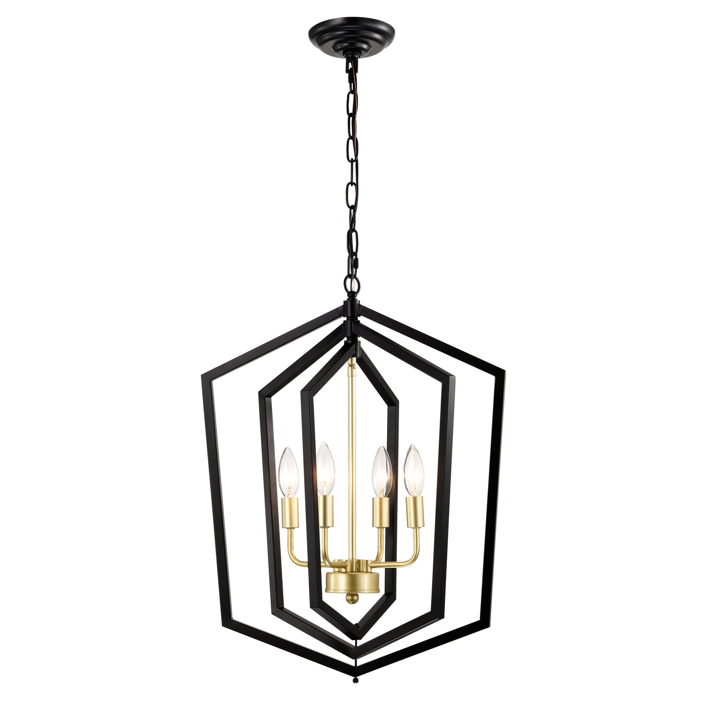 Geometric black and brass chandelier with four candelabra bulbs