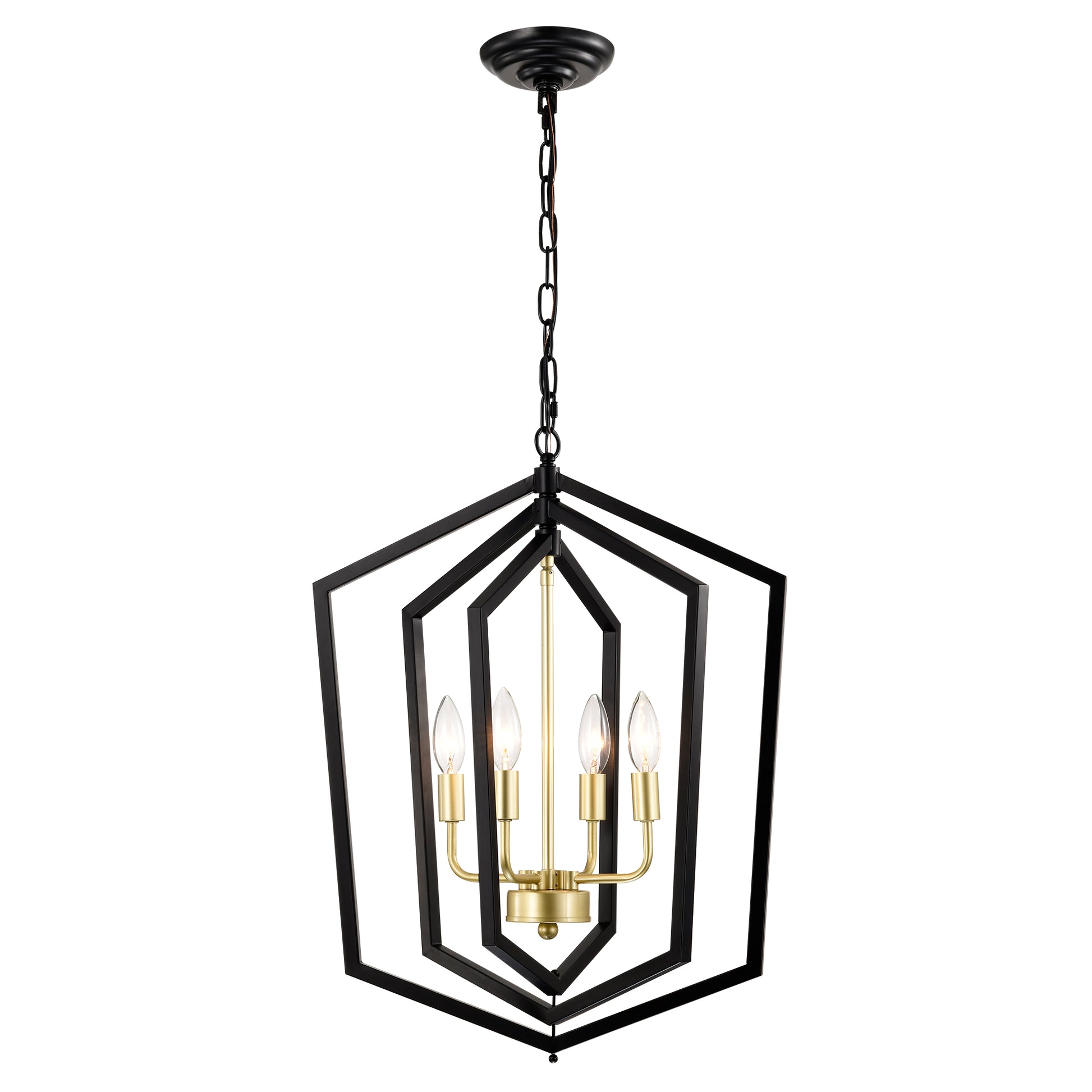 Geometric black and brass chandelier with four candelabra bulbs