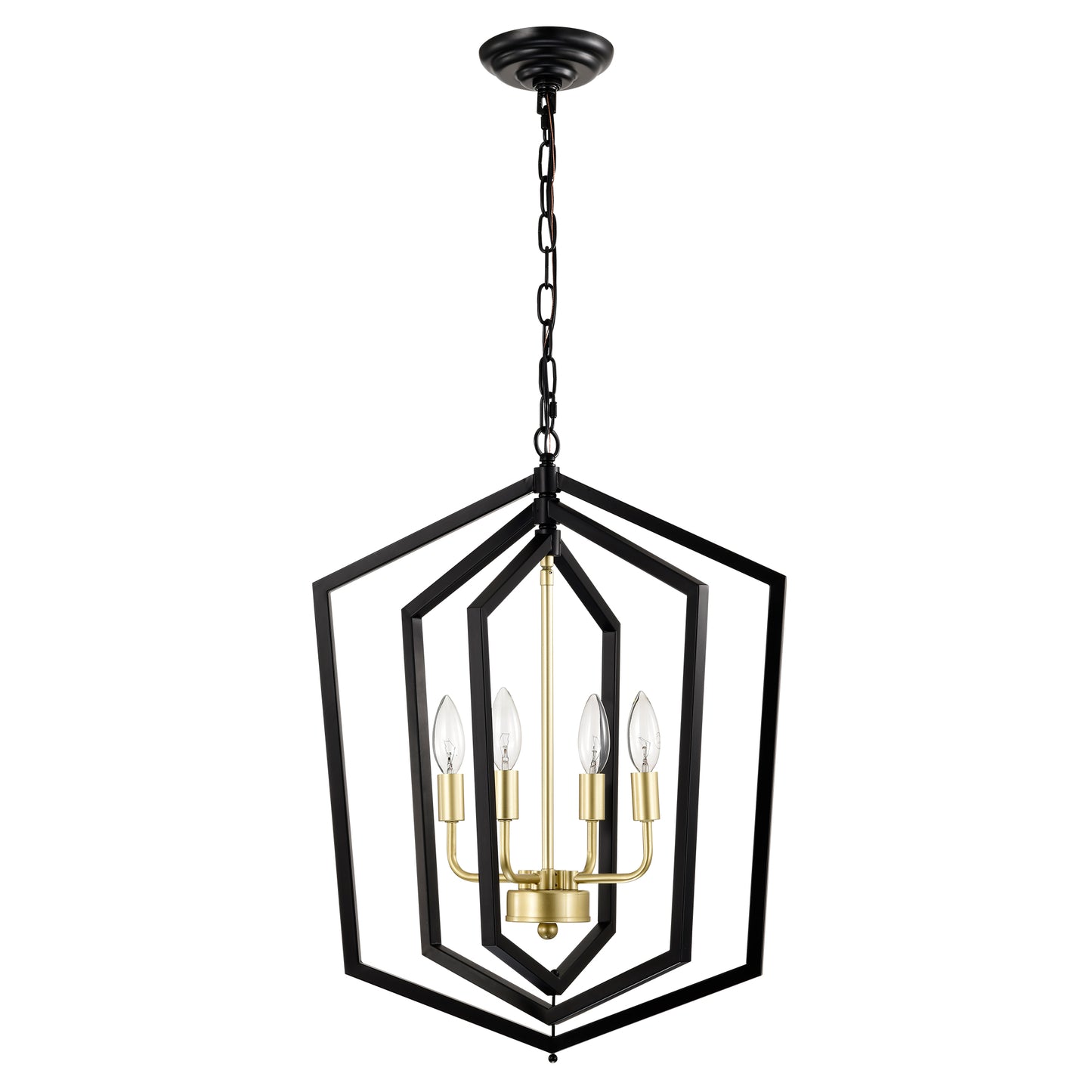 Black and brass geometric chandelier with four candelabra bulbs
