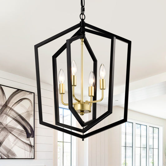 Modern black geometric chandelier with brass accents and four candelabra bulbs