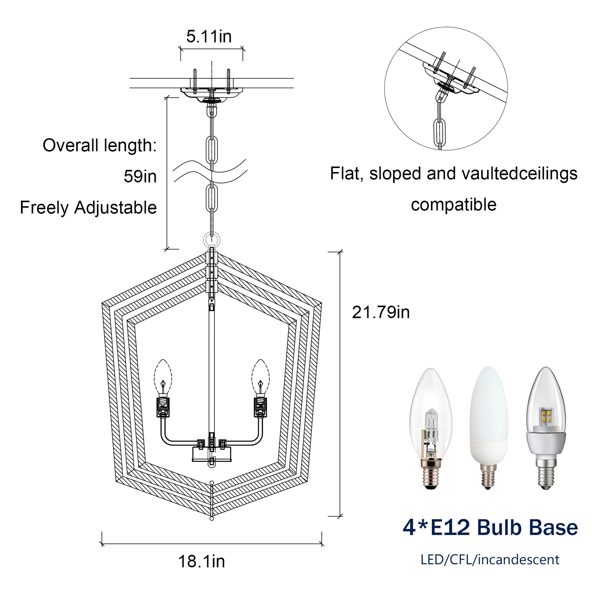 Line drawing of a geometric chandelier in wide with adjustable chain for in length