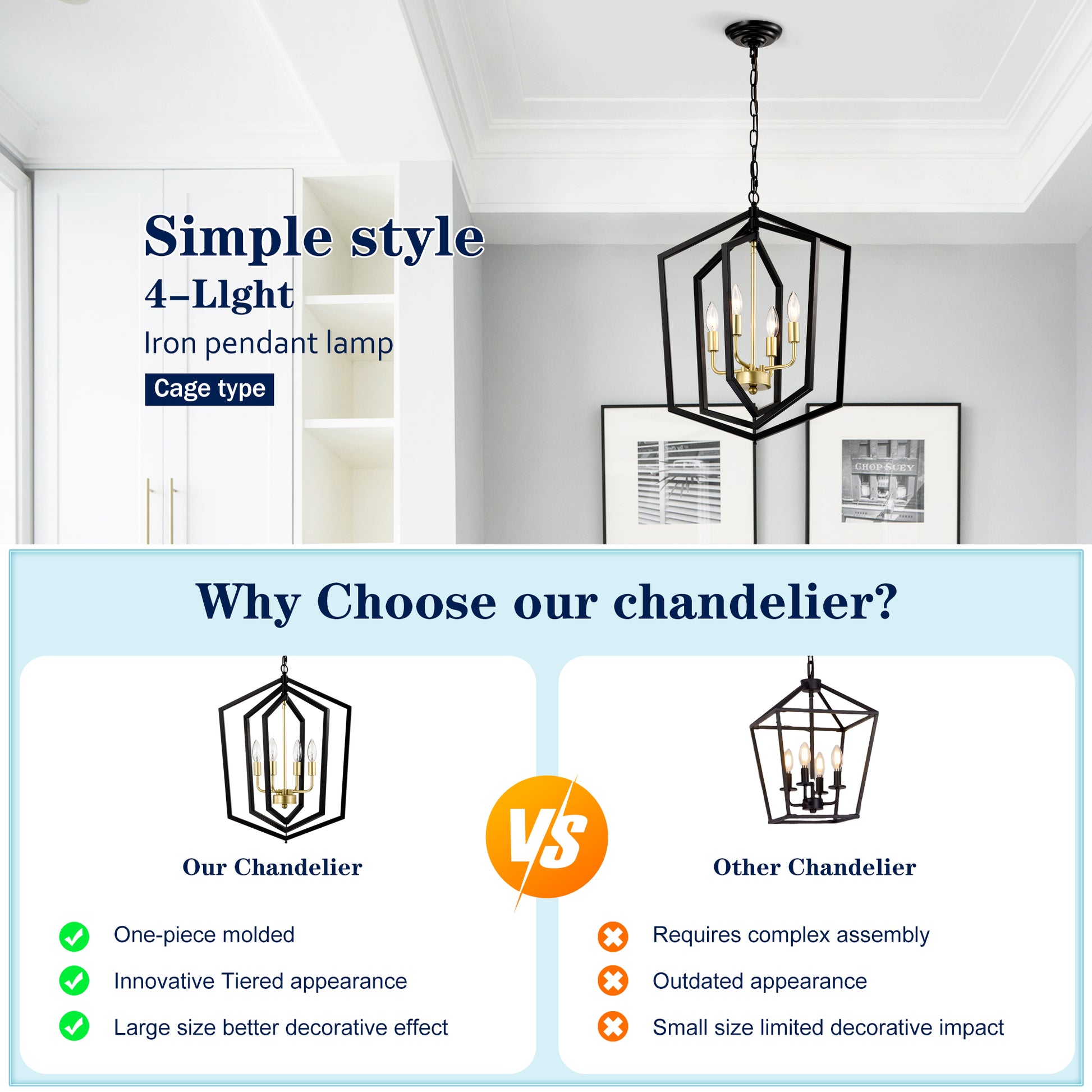 Black iron light pendant lamp with geometric cage design for dining room