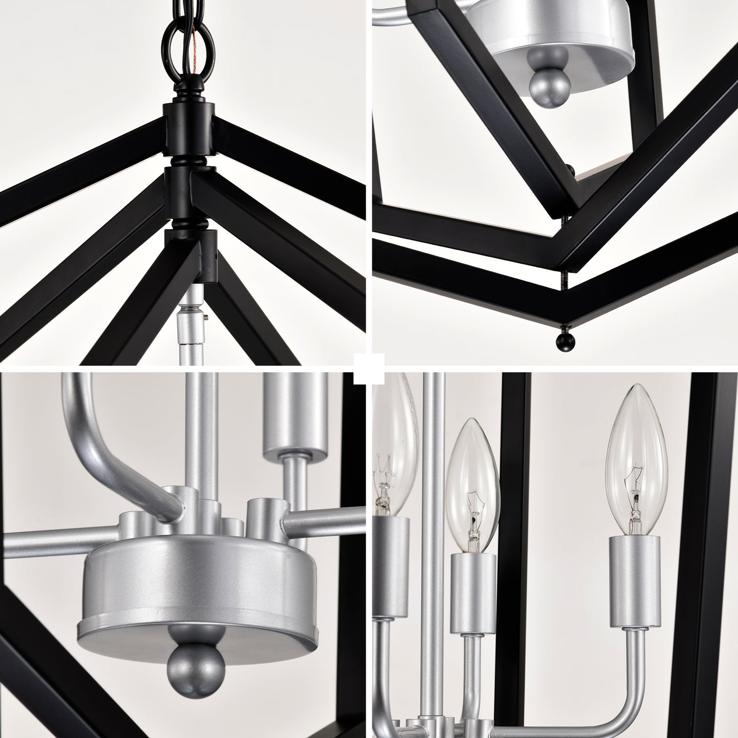 Closeup of a black metal geometric pendant light with silver accents and candelabra bulbs