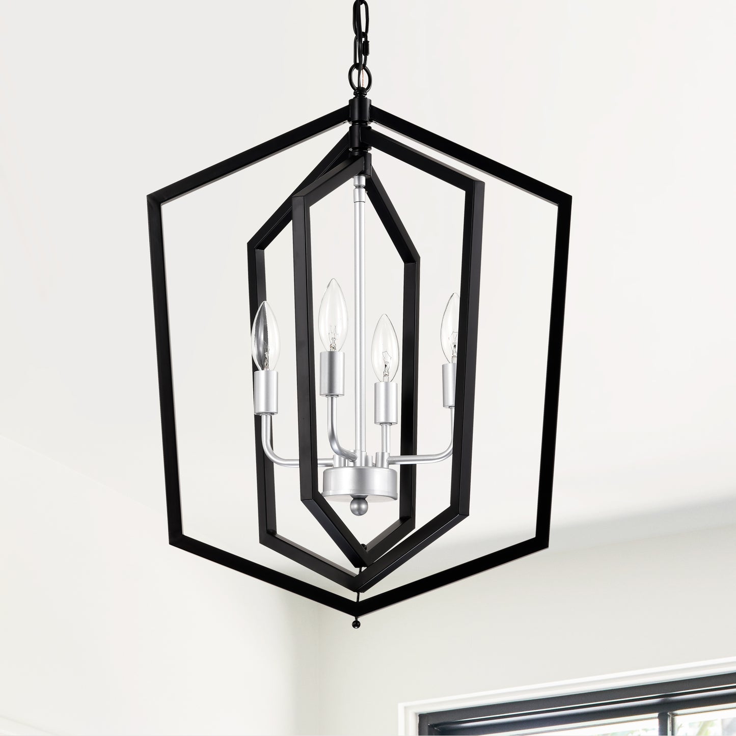 Black geometric lantern chandelier with  Edison bulbs for dining room lighting