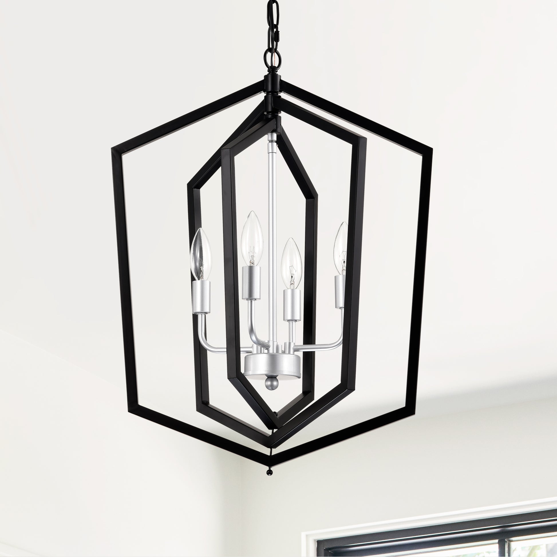 Black geometric lantern chandelier with  Edison bulbs for dining room lighting