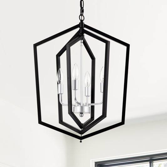 Black geometric lantern chandelier with  Edison bulbs for dining room lighting