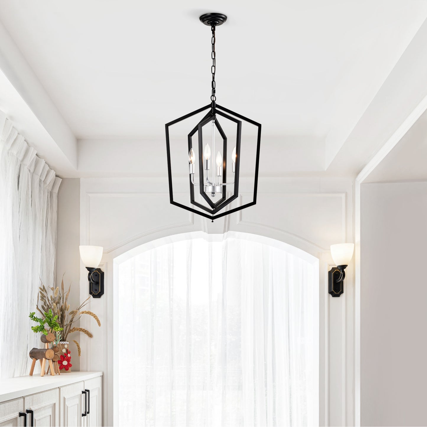 Geometric black metal pendant light with  clear bulbs for foyer lighting
