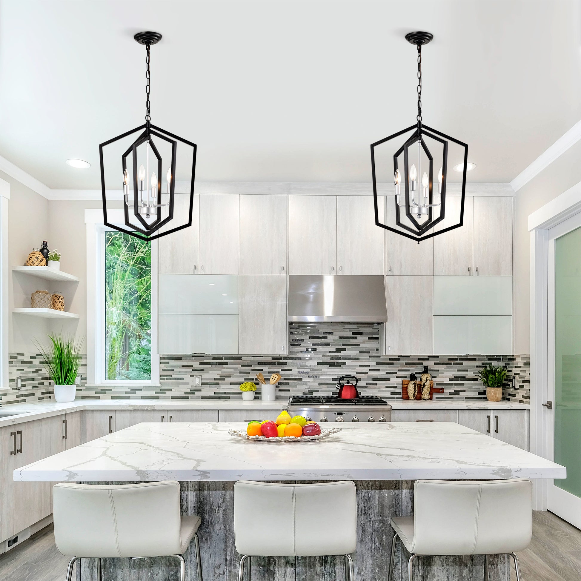 Modern black geometric pendant light with four bulbs in a kitchen