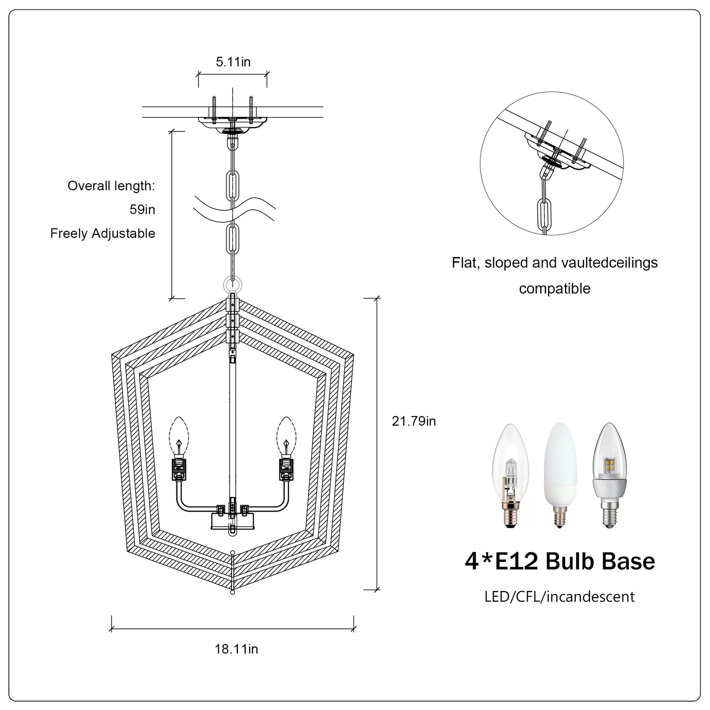 Blueprint of a geometric pendant light fixture with adjustable hanging length and E bulb base