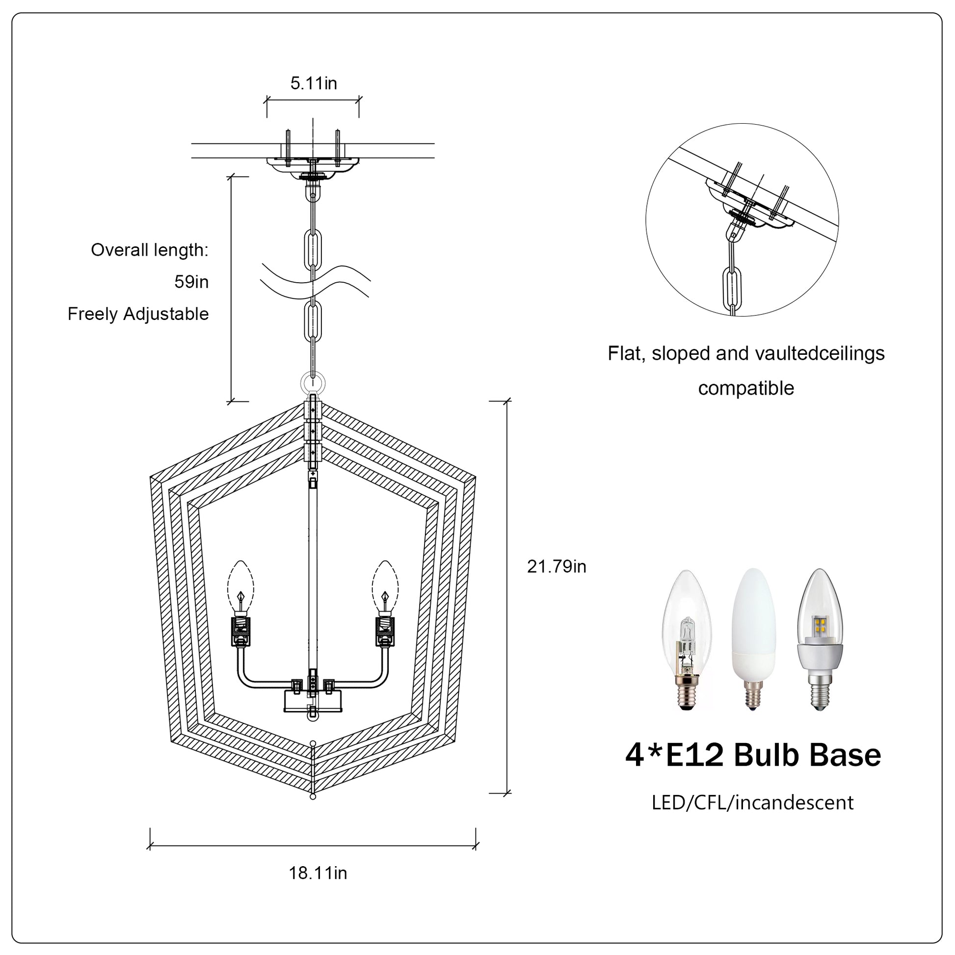 Blueprint of a geometric pendant light fixture with adjustable hanging length and E bulb base
