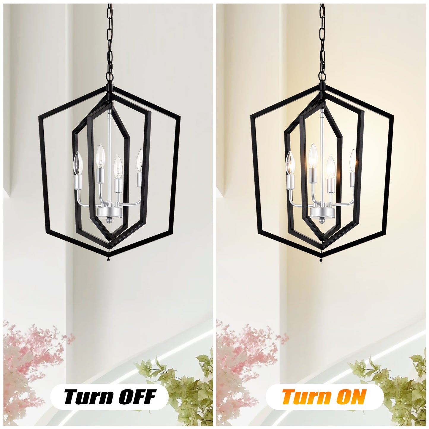 Modern black geometric chandelier with four exposed bulbs and silver accents
