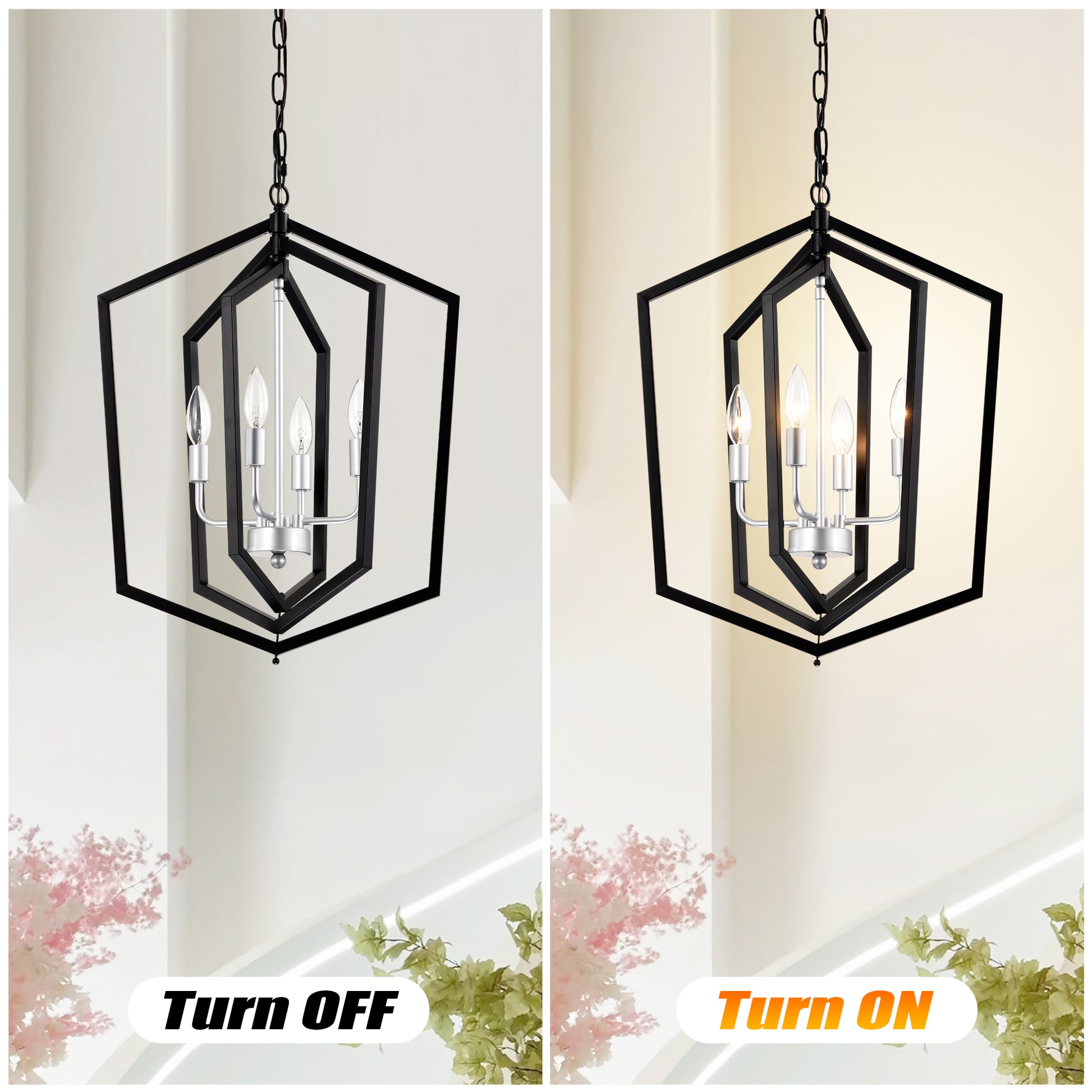 Modern black geometric chandelier with four exposed bulbs and silver accents