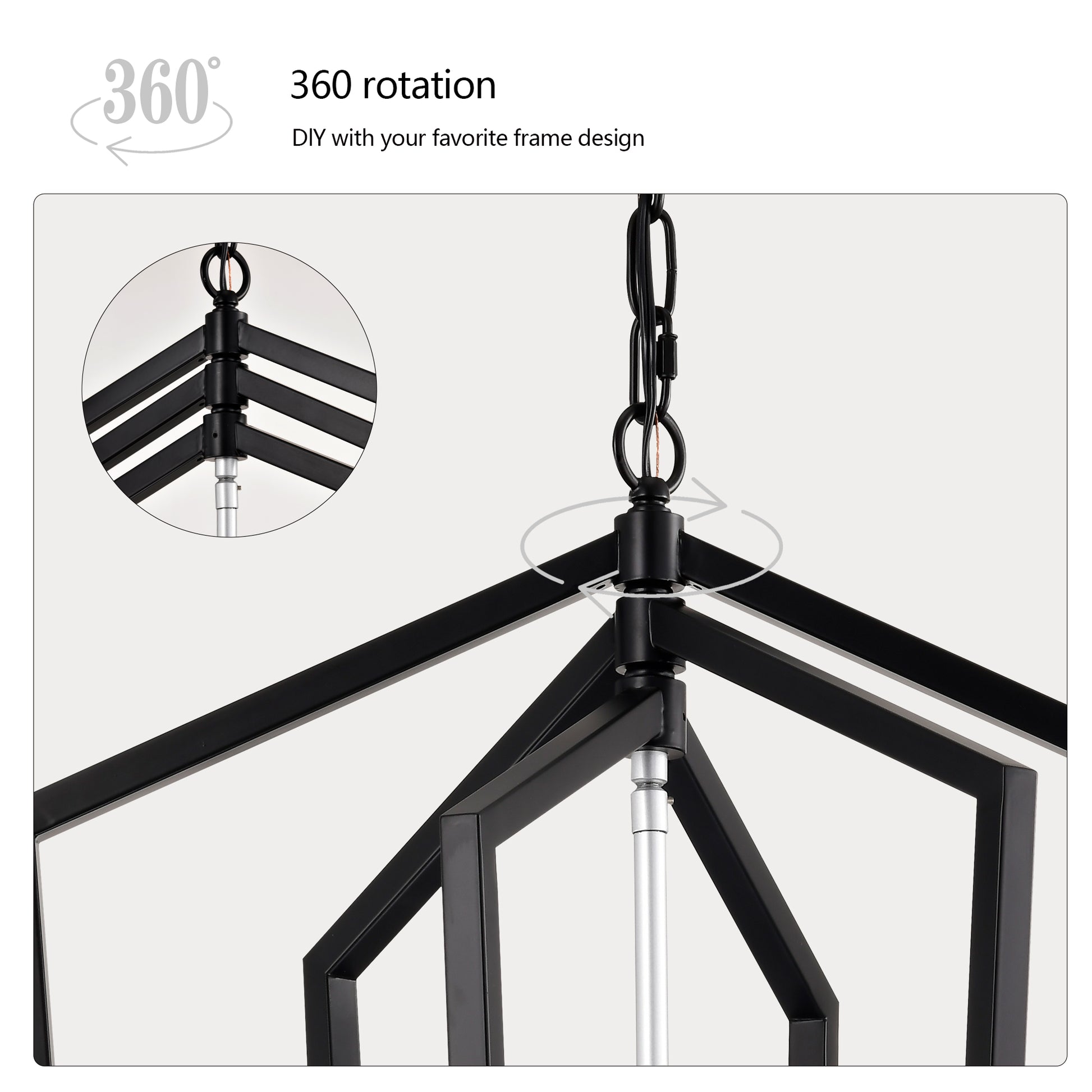 Black geometric lantern pendant light with adjustable chain