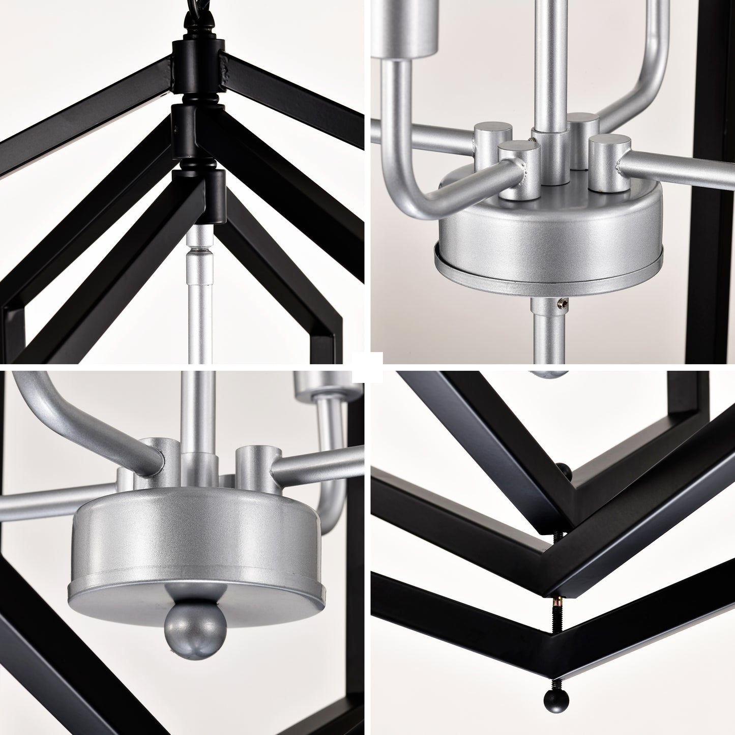 Black metal geometric frame chandelier with silver hardware details for interior lighting