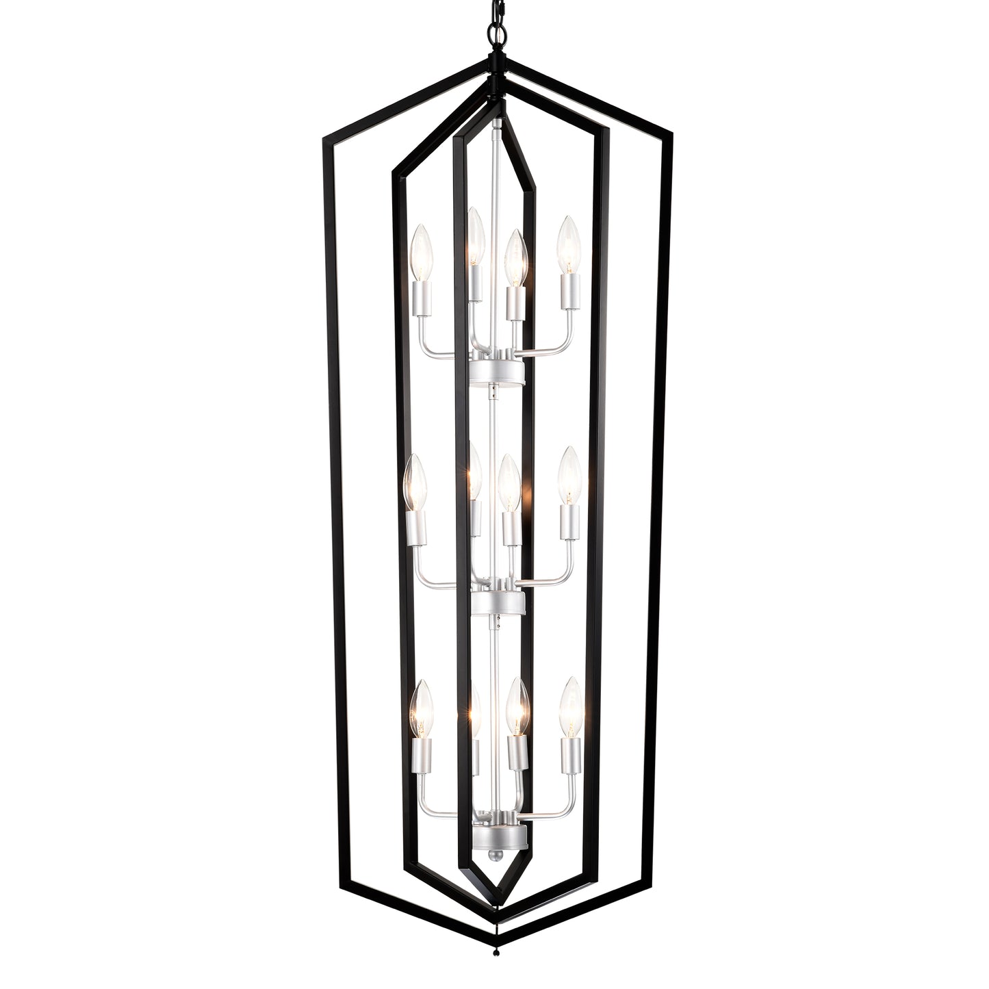 Modern black geometric lantern pendant light with silver accents and clear candle bulbs