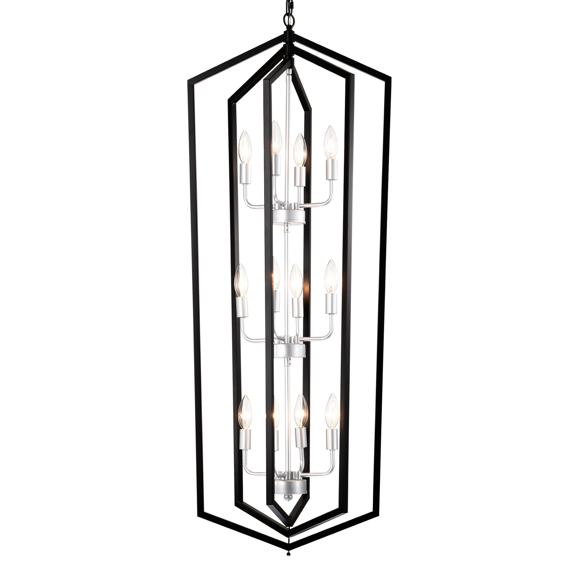 Modern black geometric lantern pendant light with silver accents and clear candle bulbs