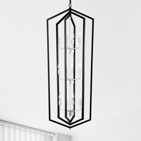 Modern black geometric chandelier with silver accents and eight clear candelabra bulbs