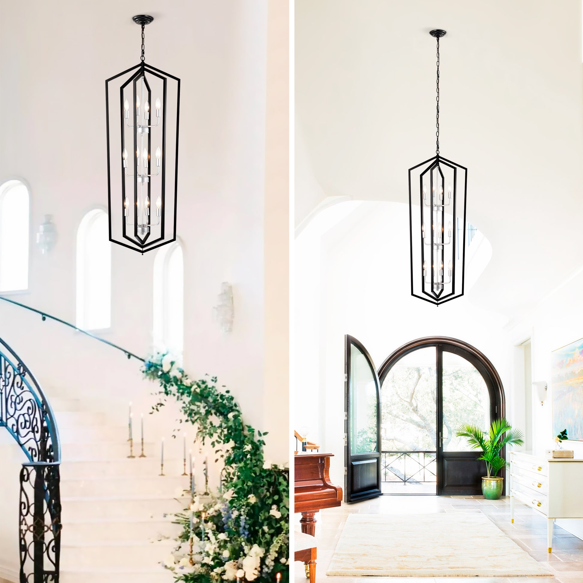 Modern black geometric lantern chandelier with eight bulbs and chrome accents