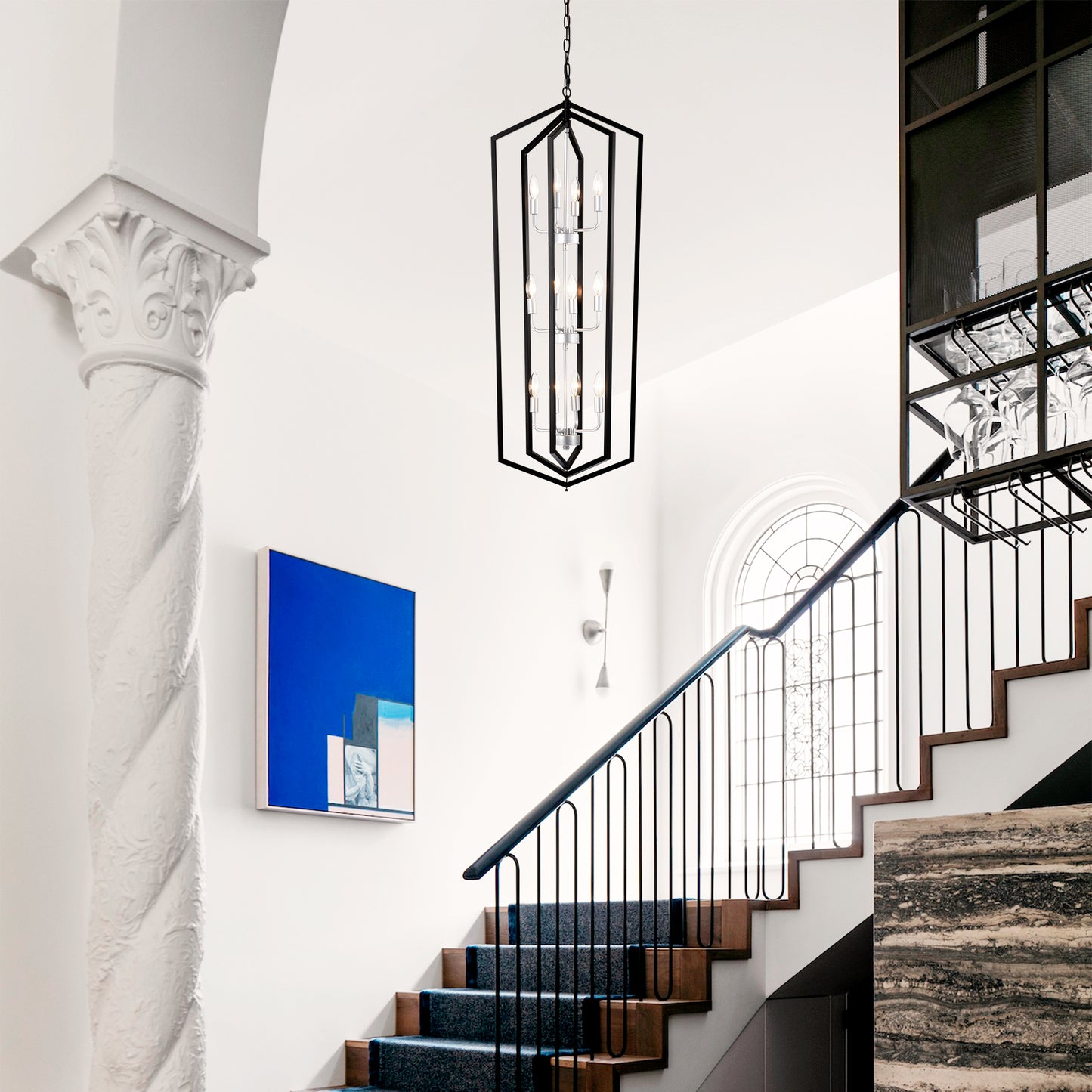 Geometric black metal chandelier with multiple clear bulbs modern foyer lighting
