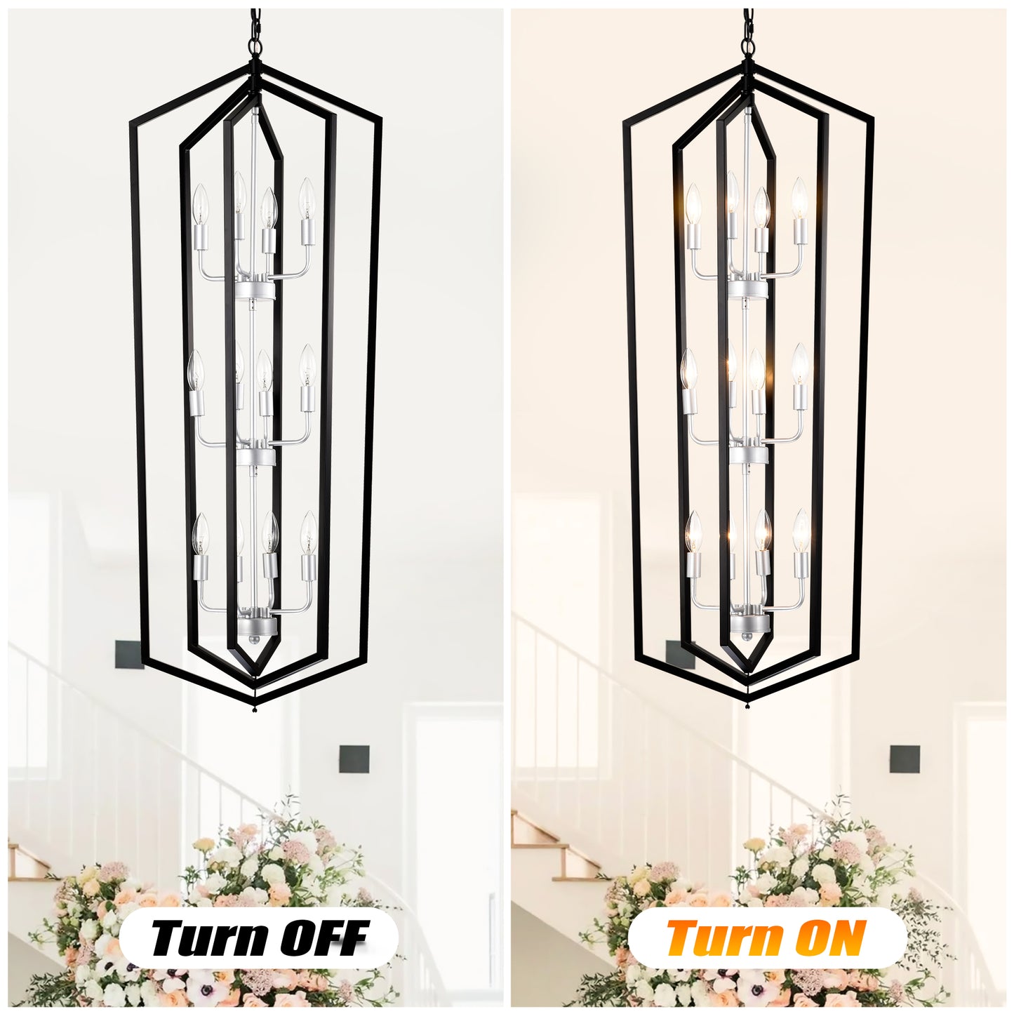 Black metal geometric chandelier with six candelabra bulbs modern foyer lighting