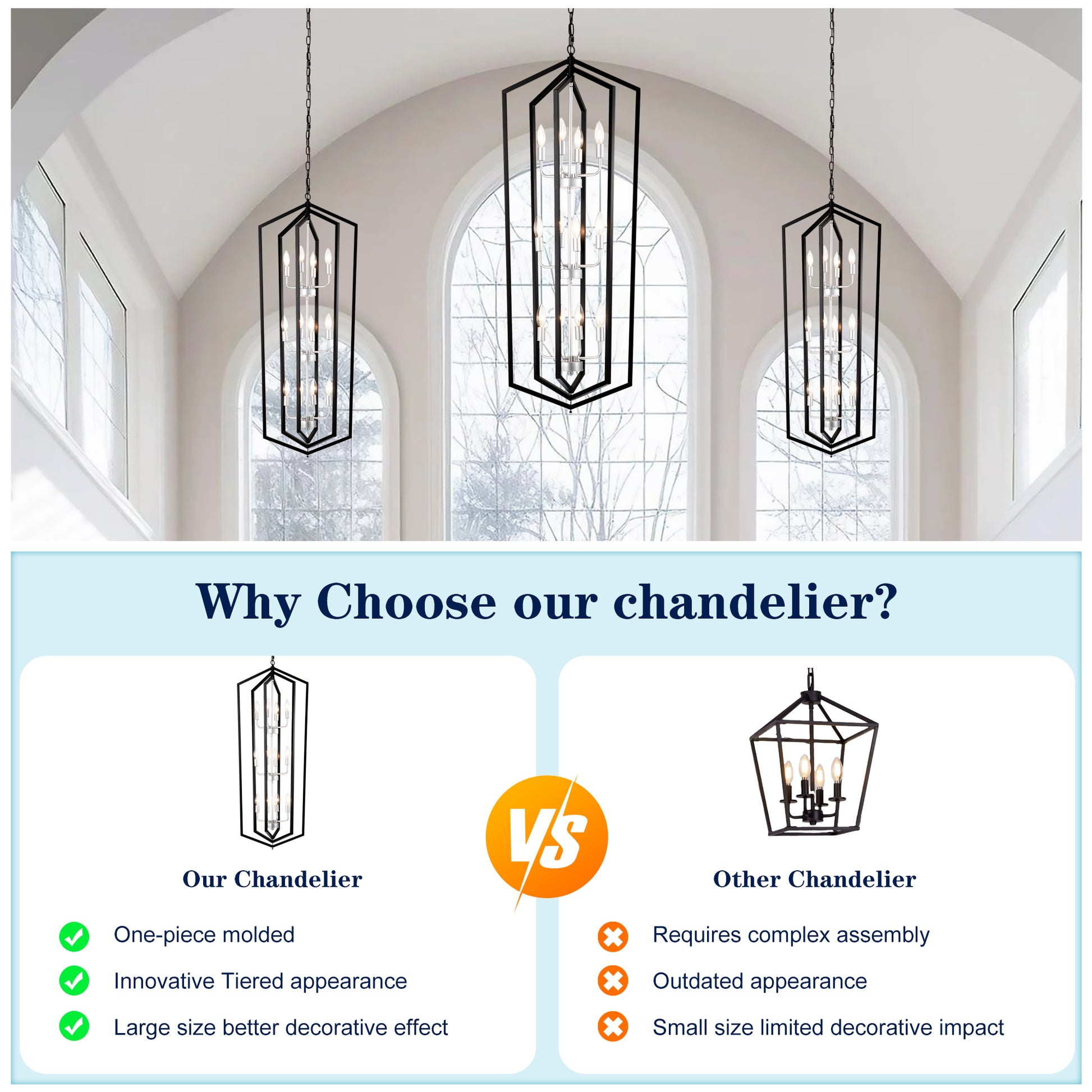 Tall black metal lantern chandelier with multiple tiers of lights hanging in a grand entryway