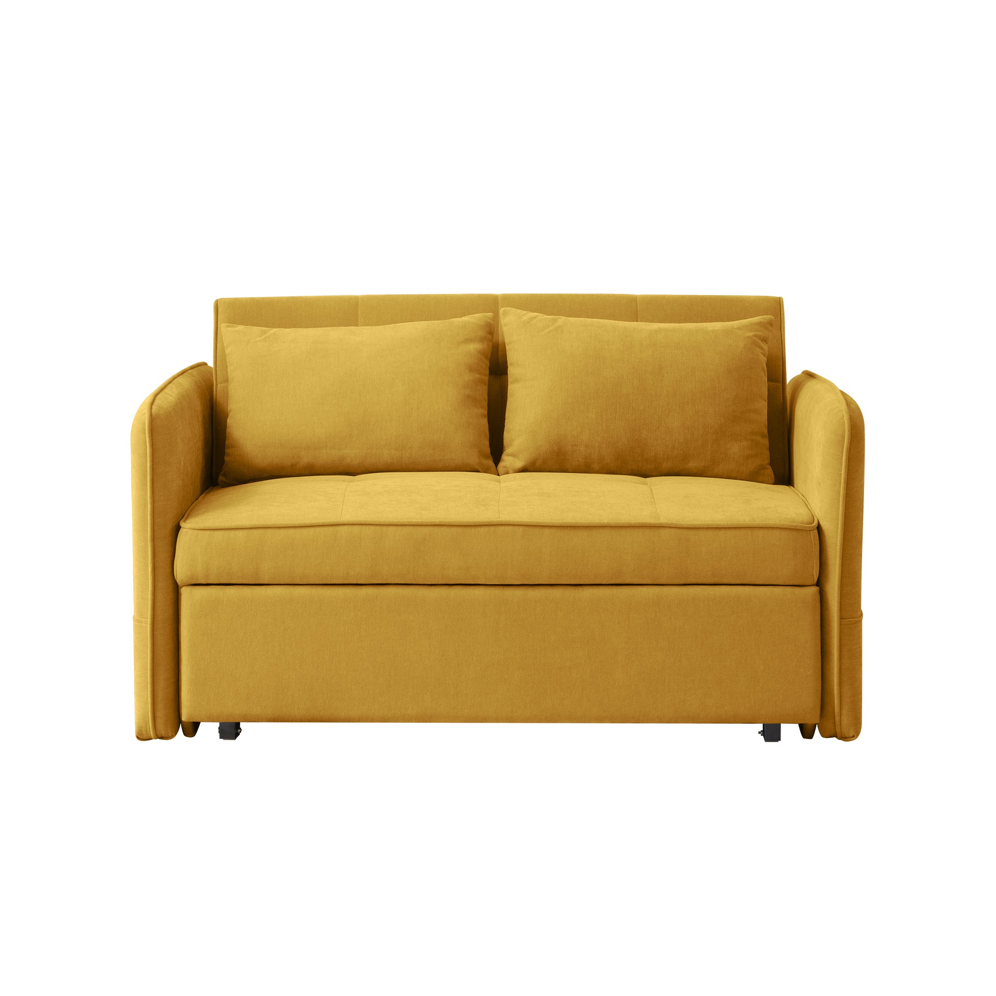 Mustard yellow fabric sofa with two accent pillows ideal for small living rooms