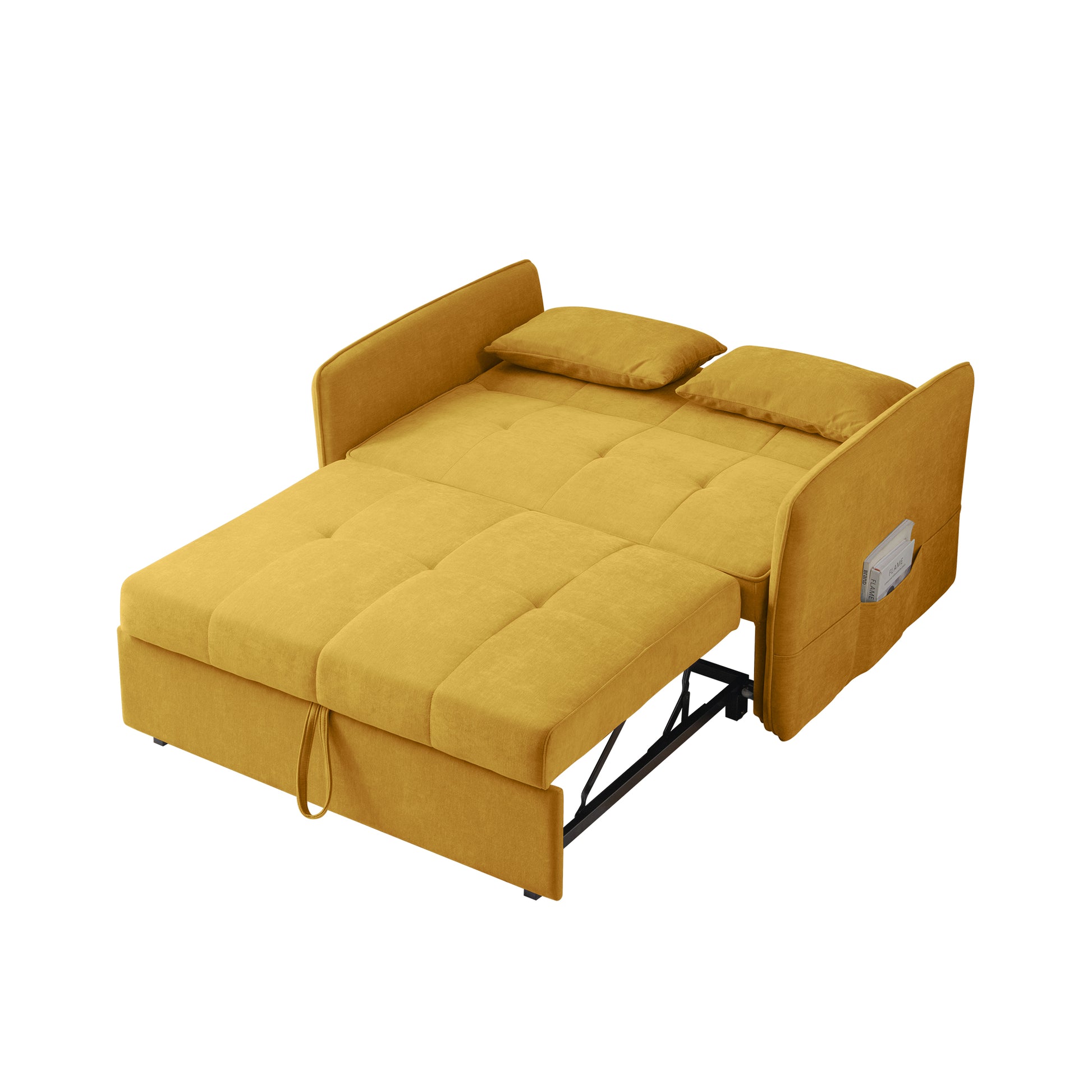 Mustard yellow convertible sofa bed with tufted cushions and storage pockets