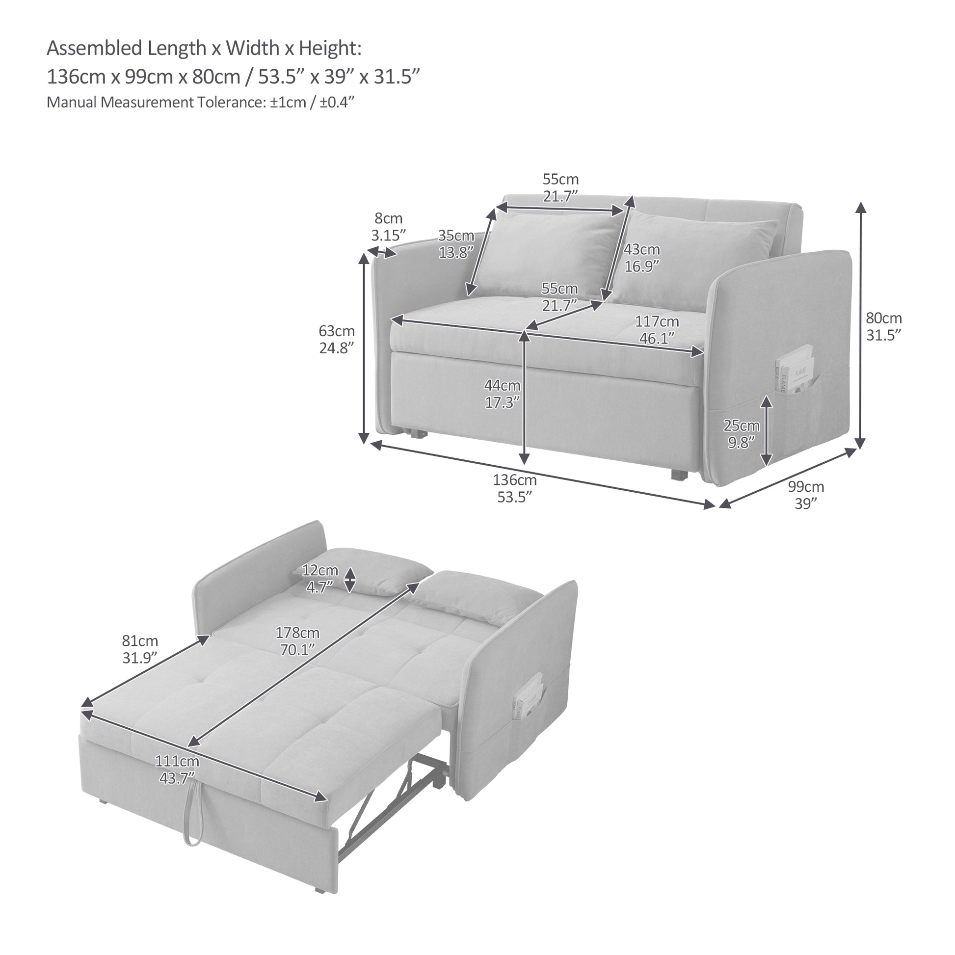 Grey fabric sofa bed with armrest storage dimensions indicated for small spaces