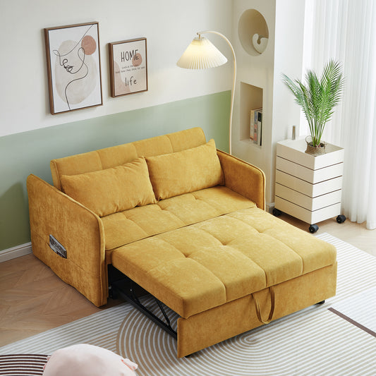 Mustard yellow fabric convertible sofa bed with plush cushions